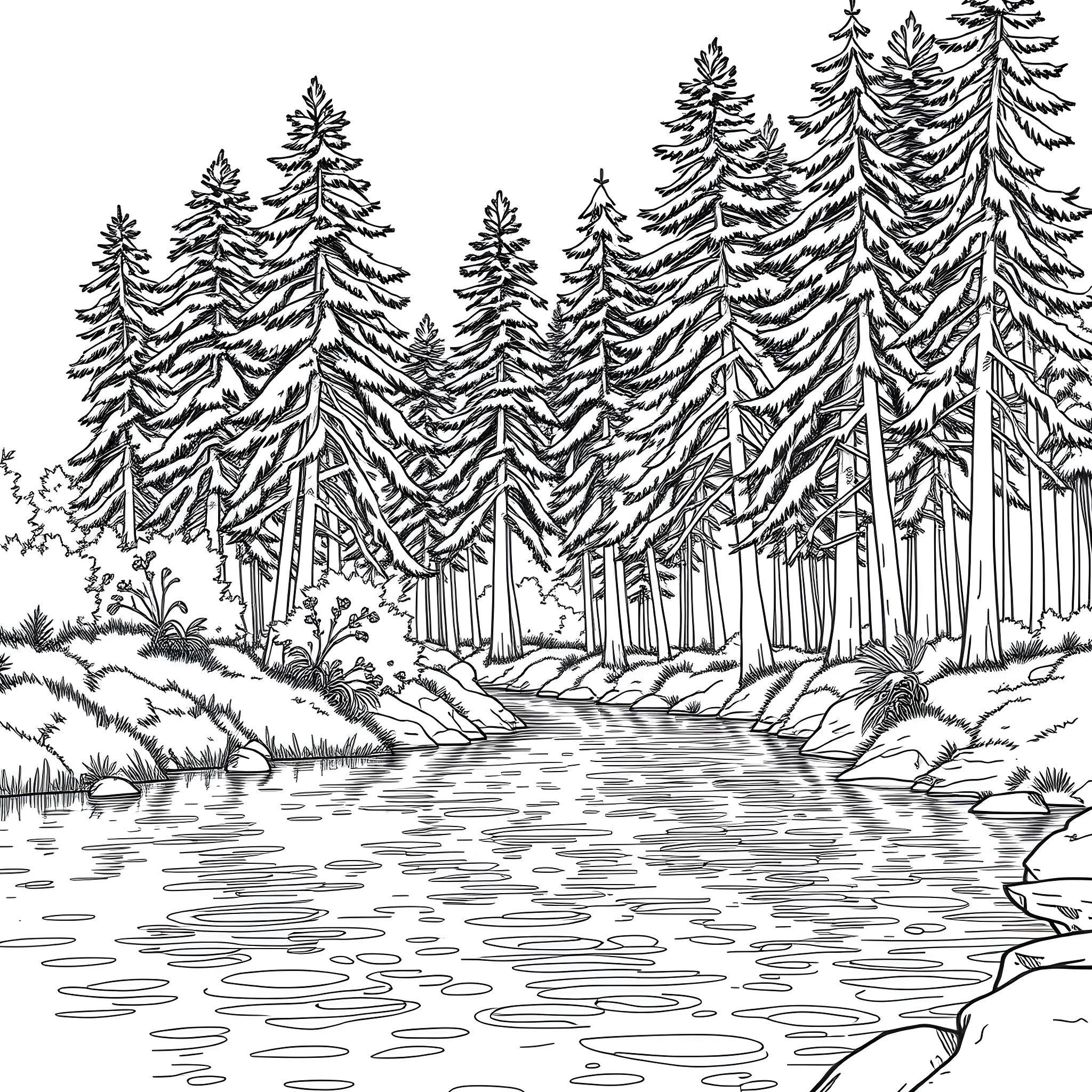 Tree landscape with flowing river in the forest Coloring Page (free black-and-white line drawing printable PDF for all, from beginners to advanced learners, including children, teens, adults, and seniors)