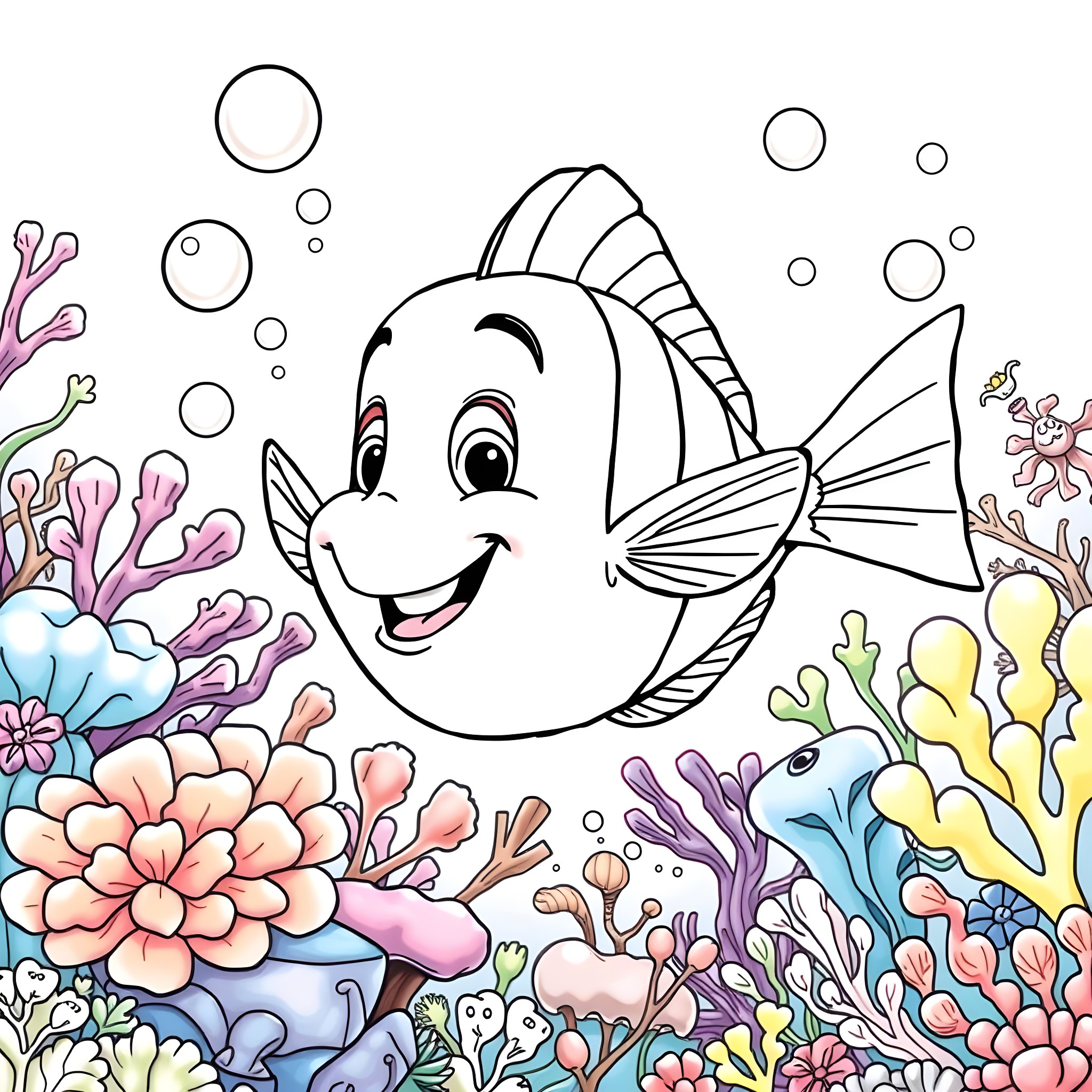 Flounder swimming happily in the colorful coral reef Coloring Page (free black-and-white line drawing printable PDF for all, from beginners to advanced learners, including children, teens, adults, and seniors)