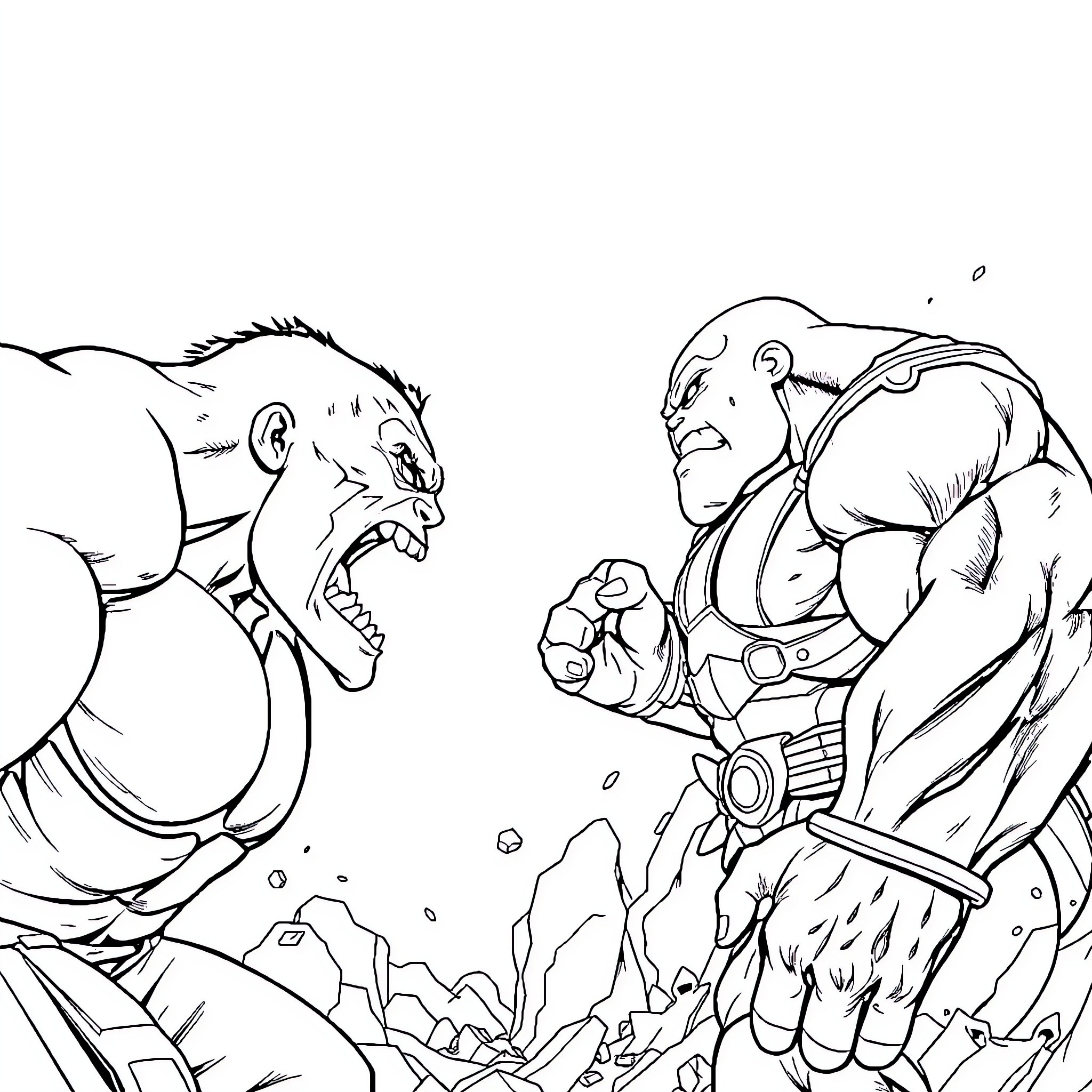 Hulk Battling Powerful Adversary in Intense Confrontation Coloring Page (free black-and-white line drawing printable PDF for all, from beginners to advanced learners, including children, teens, adults, and seniors)