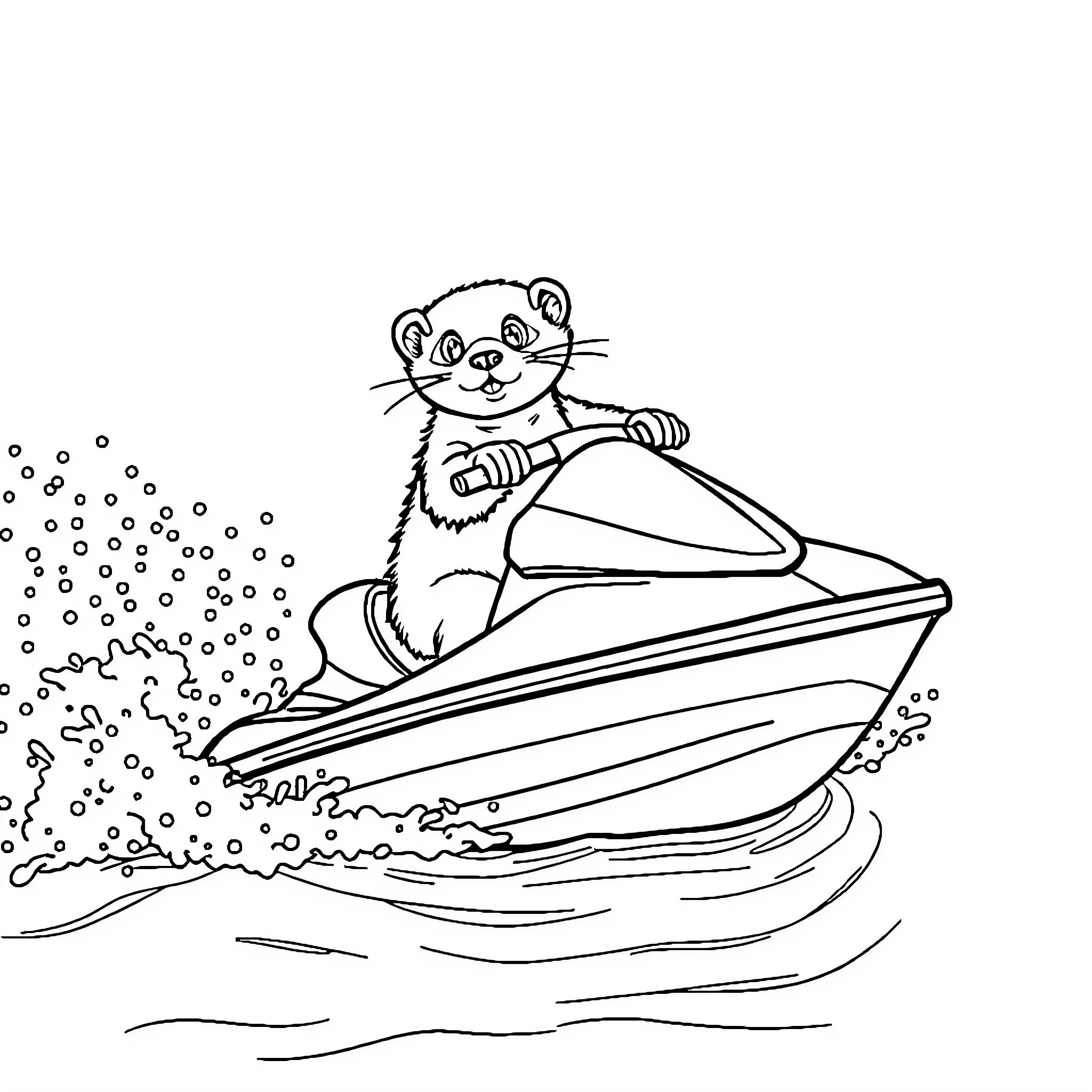 Ferret riding a jet ski on the water Coloring Page (free black-and-white line drawing printable PDF for all, from beginners to advanced learners, including children, teens, adults, and seniors)