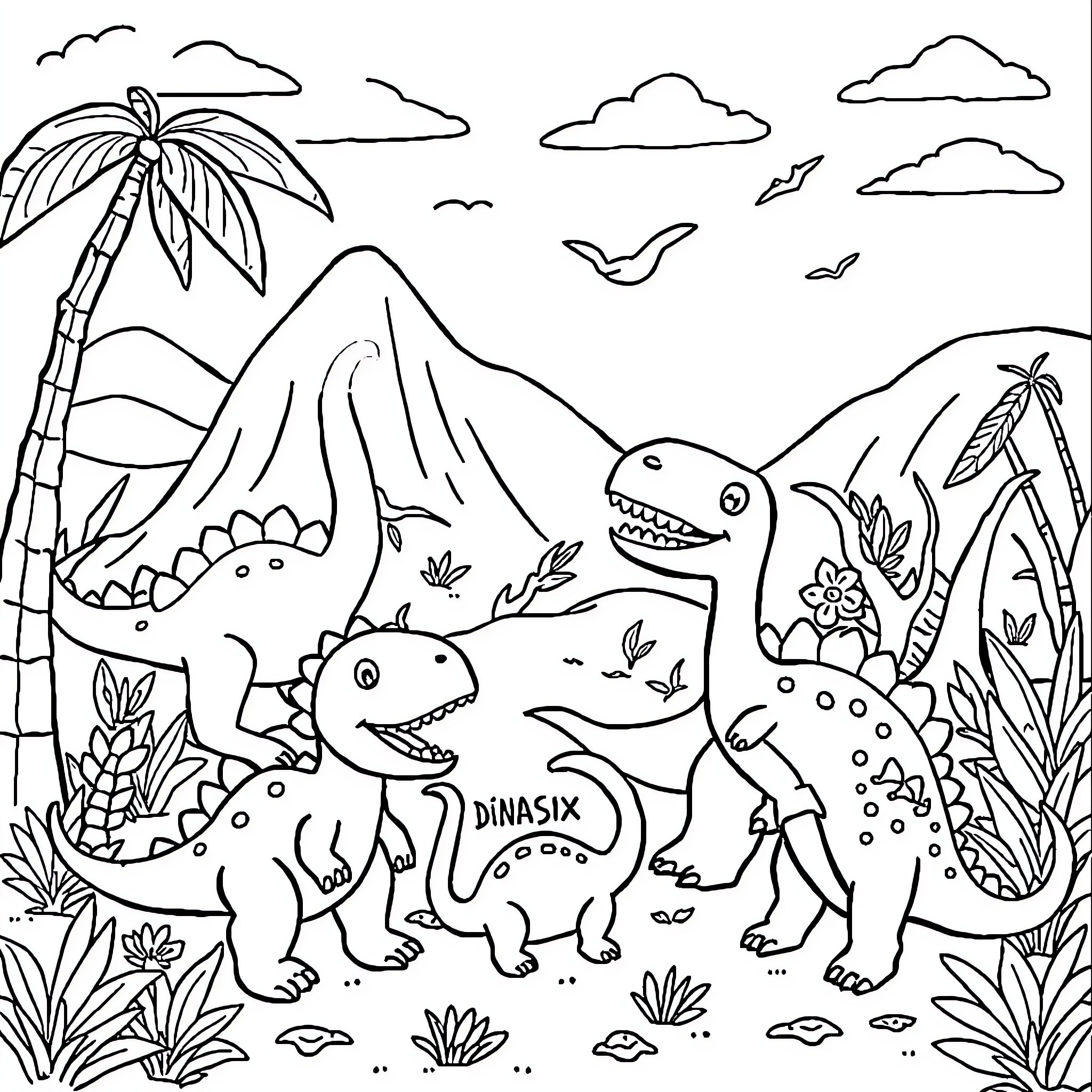 Dinosaurs playing happily in tropical landscape Coloring Page (free black-and-white line drawing printable PDF for all, from beginners to advanced learners, including children, teens, adults, and seniors)