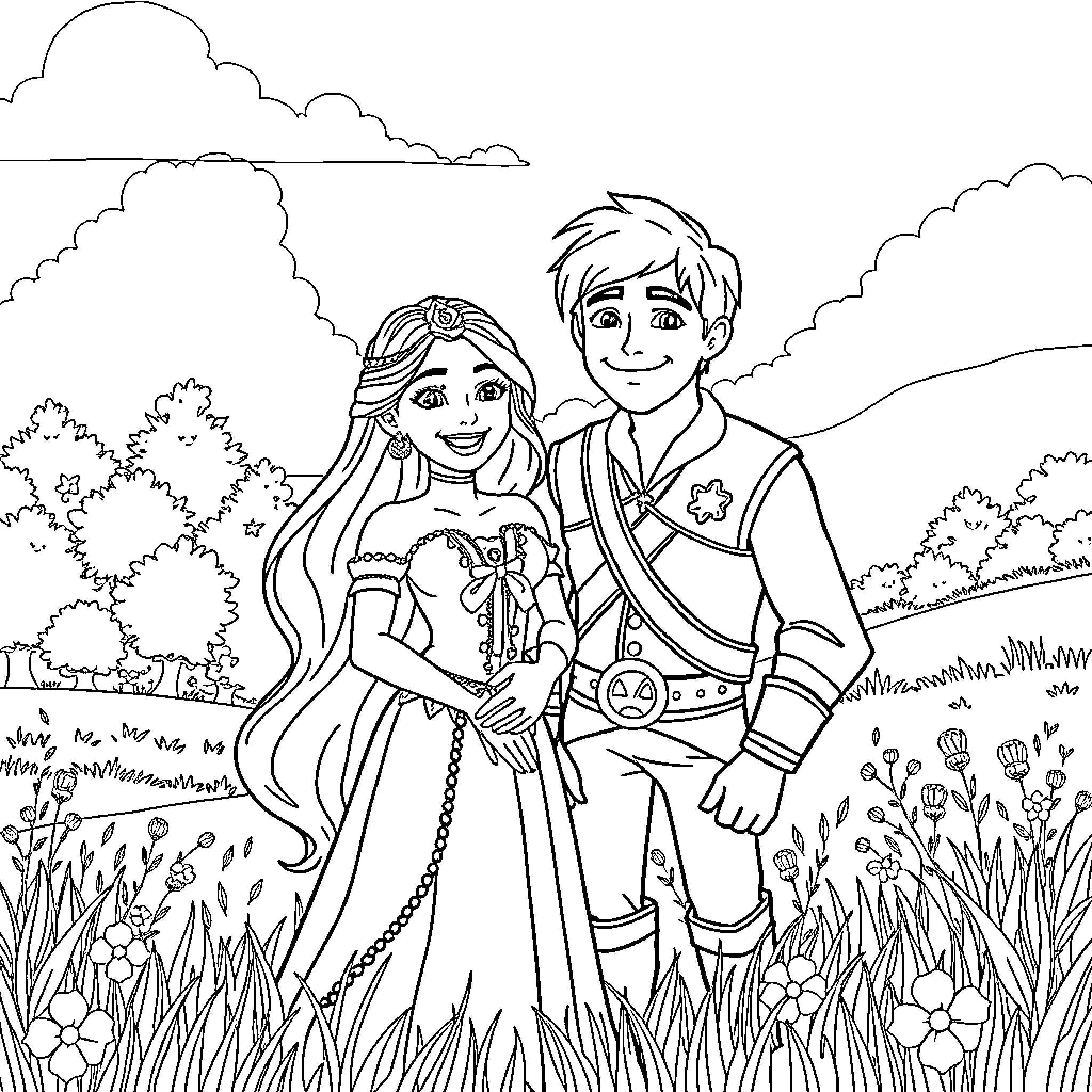 Princess and Prince in a Magical Meadow Coloring Page (free black-and-white line drawing printable PDF for all, from beginners to advanced learners, including children, teens, adults, and seniors)