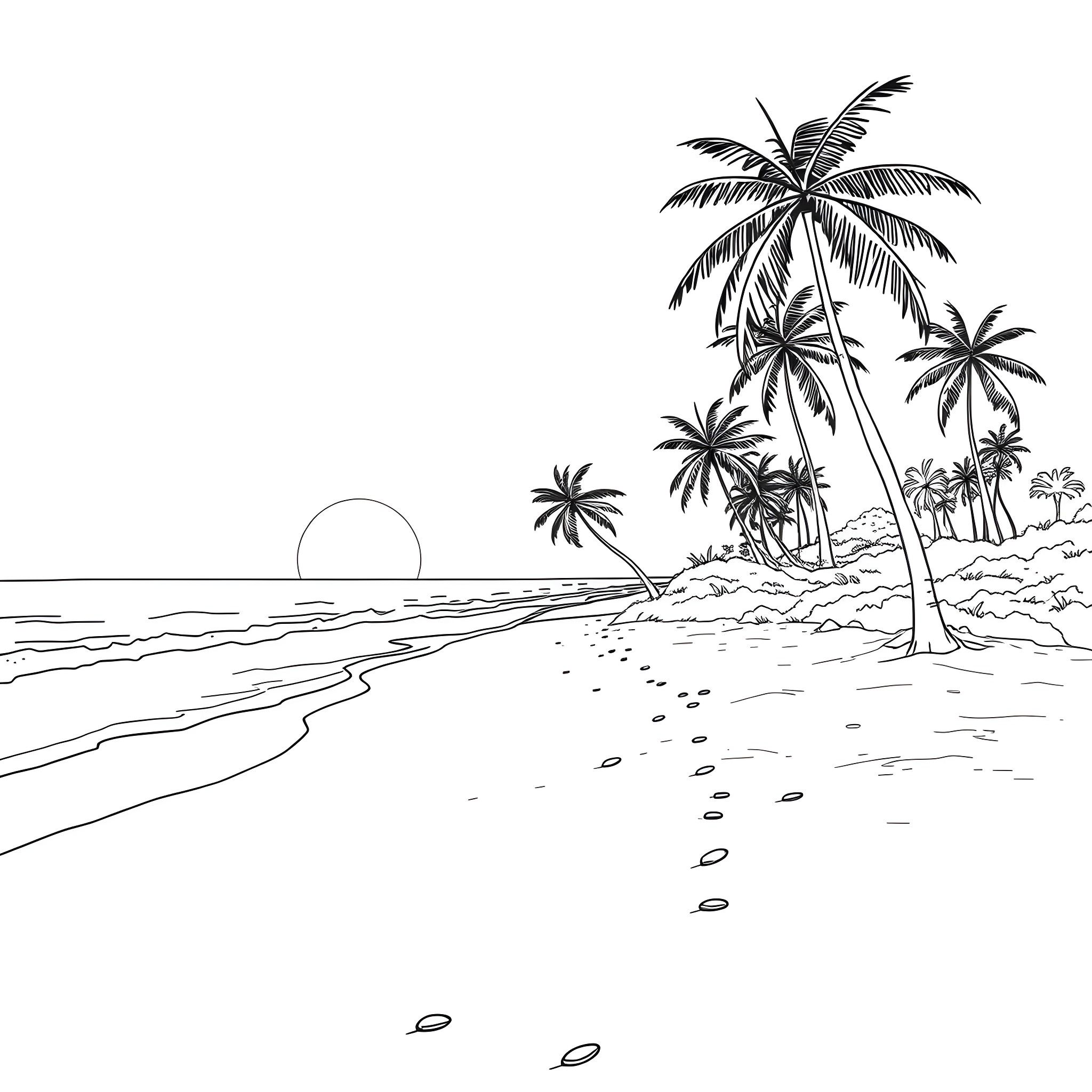Sunset at a tropical beach with palm trees Coloring Page (free black-and-white line drawing printable PDF for all, from beginners to advanced learners, including children, teens, adults, and seniors)