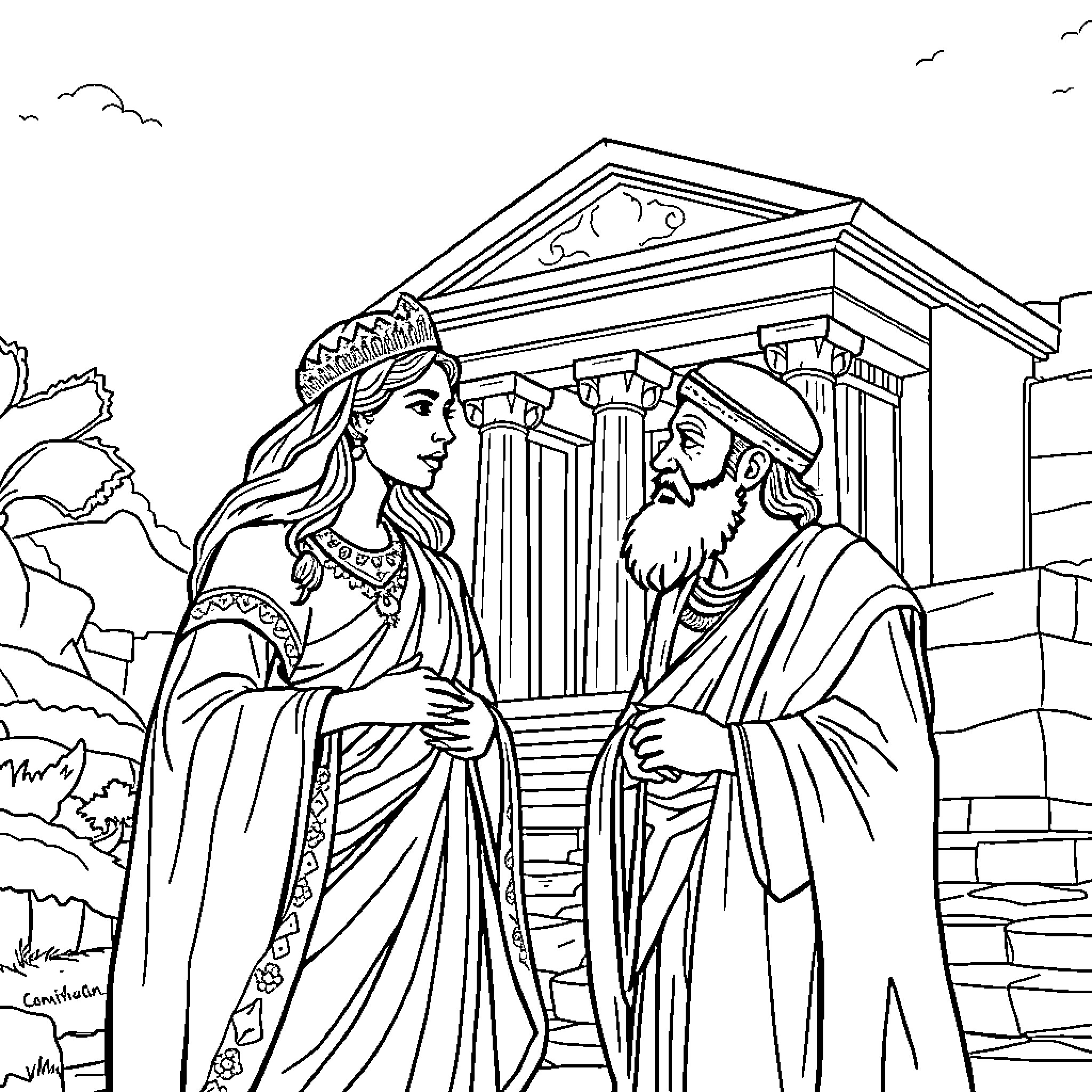 Esther discussing with a religious leader Coloring Page (free black-and-white line drawing printable PDF for all, from beginners to advanced learners, including children, teens, adults, and seniors)