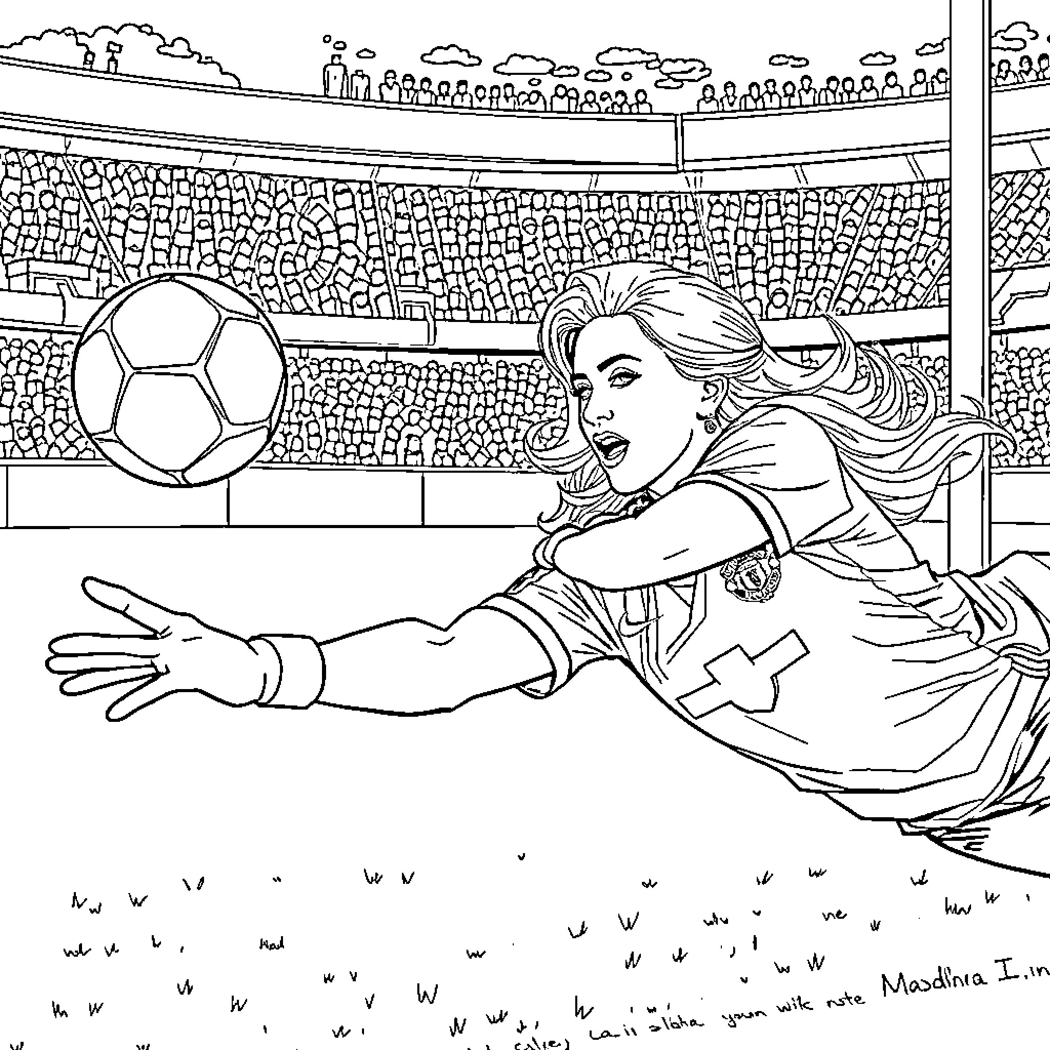 Madonna playing soccer in a stadium Coloring Page (free black-and-white line drawing printable PDF for all, from beginners to advanced learners, including children, teens, adults, and seniors)