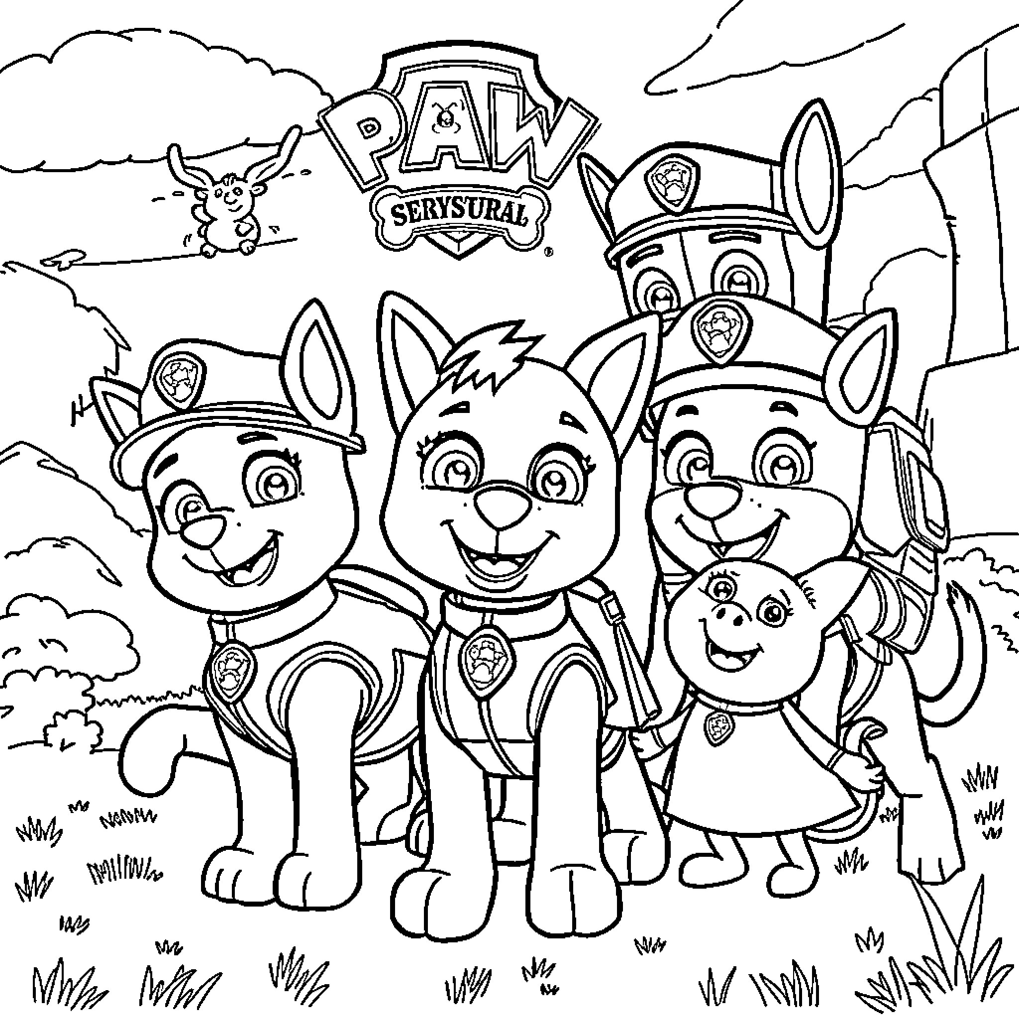 Paw Patrol characters in an outdoor scene Coloring Page (free black-and-white line drawing printable PDF for all, from beginners to advanced learners, including children, teens, adults, and seniors)