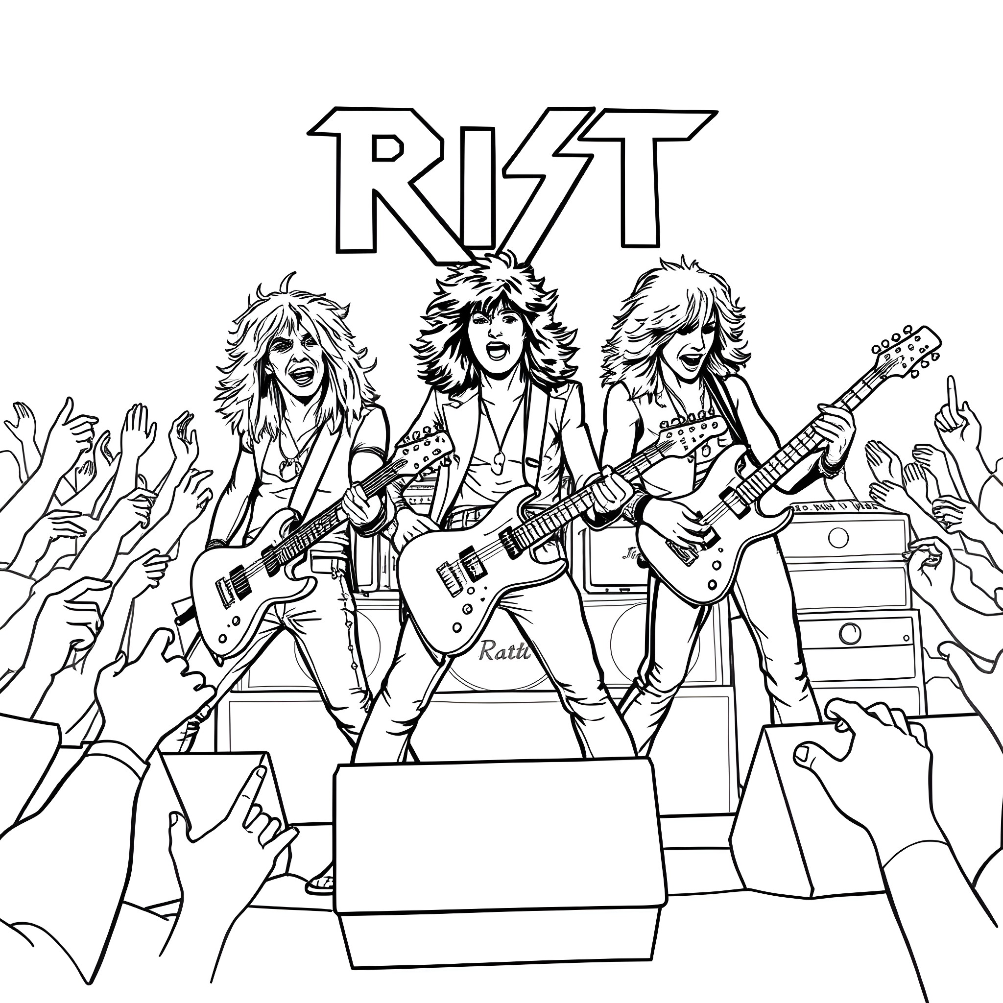 Ratt rocking out on stage with electric guitars Coloring Page (free black-and-white line drawing printable PDF for all, from beginners to advanced learners, including children, teens, adults, and seniors)