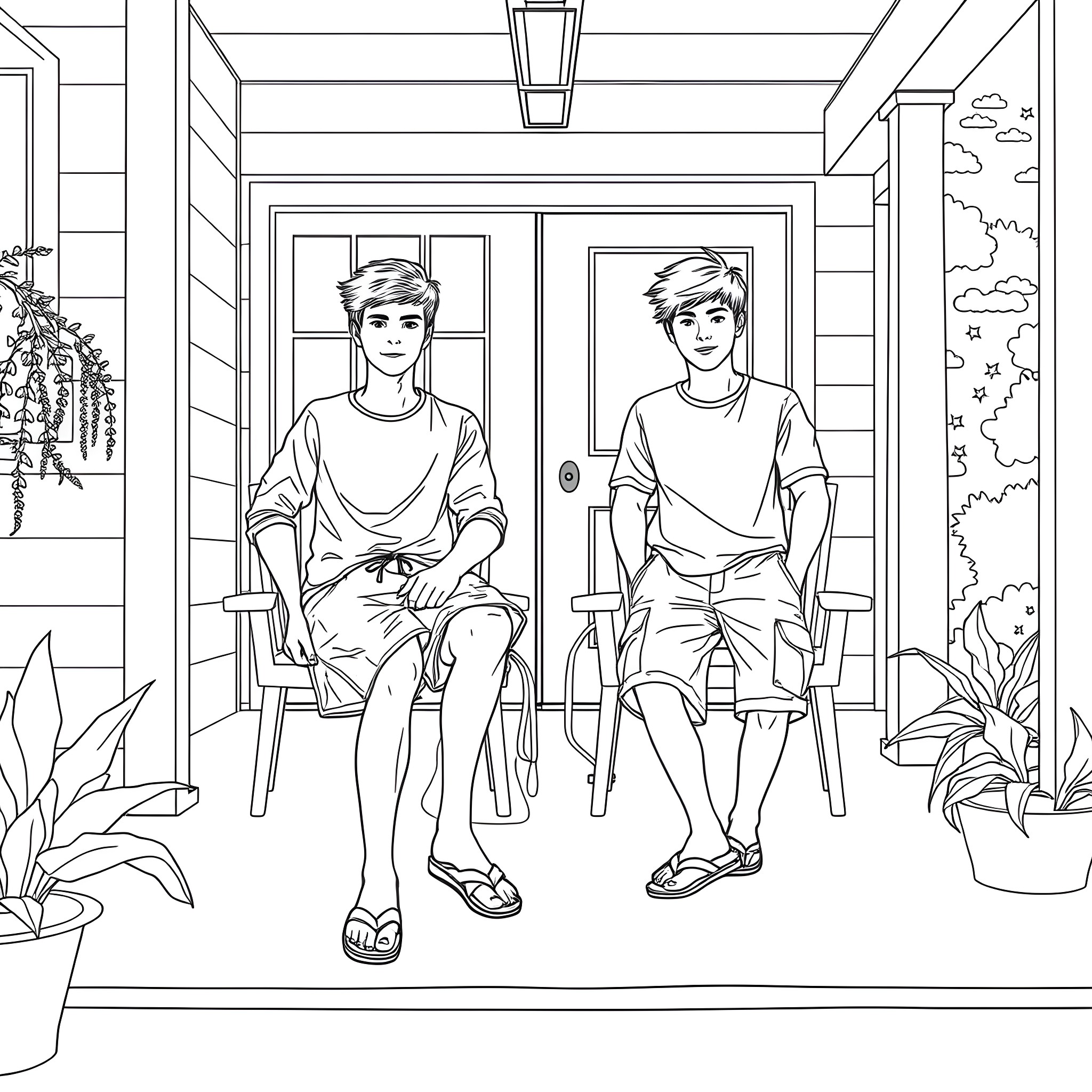 Teen Guys Relaxing in a Home Setting Coloring Page (free black-and-white line drawing printable PDF for all, from beginners to advanced learners, including children, teens, adults, and seniors)