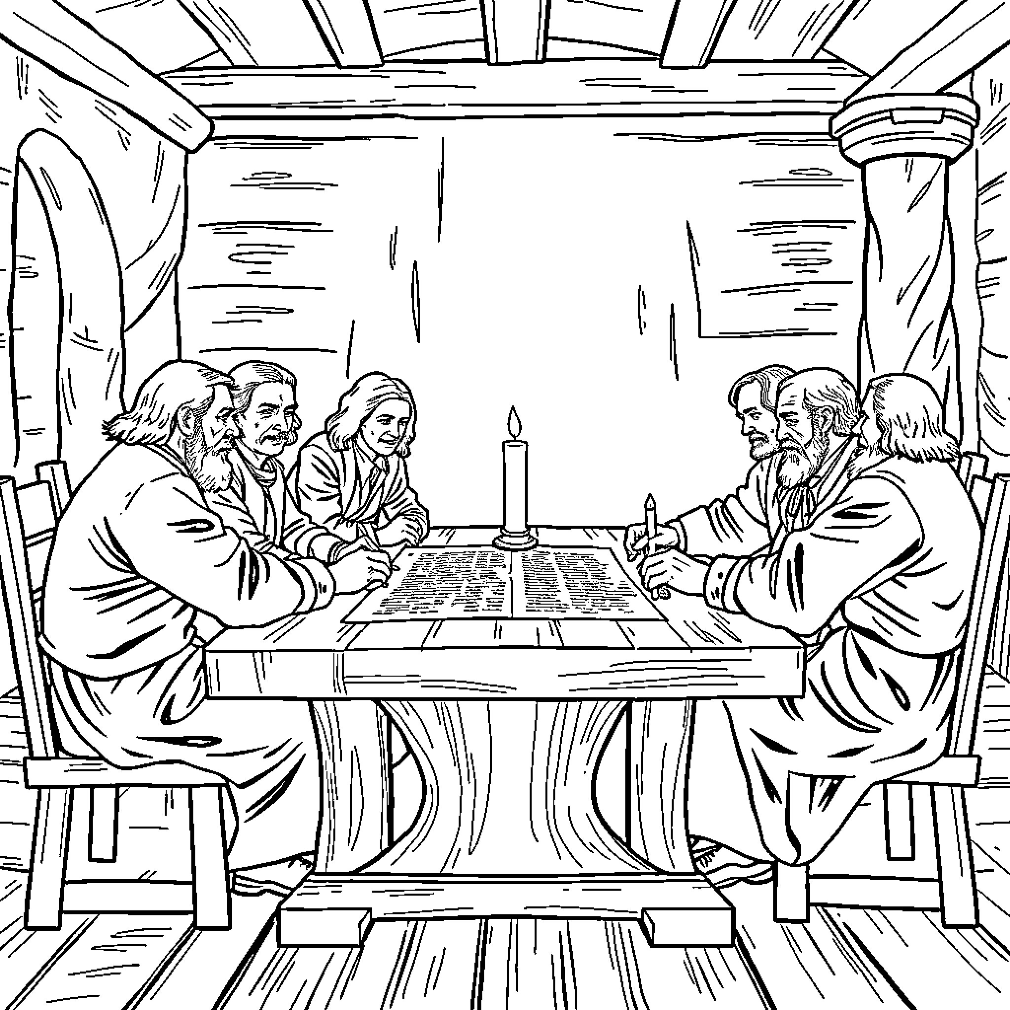 Founding Father Discussing Important Matters in Dimly Lit Room Coloring Page (free black-and-white line drawing printable PDF for all, from beginners to advanced learners, including children, teens, adults, and seniors)