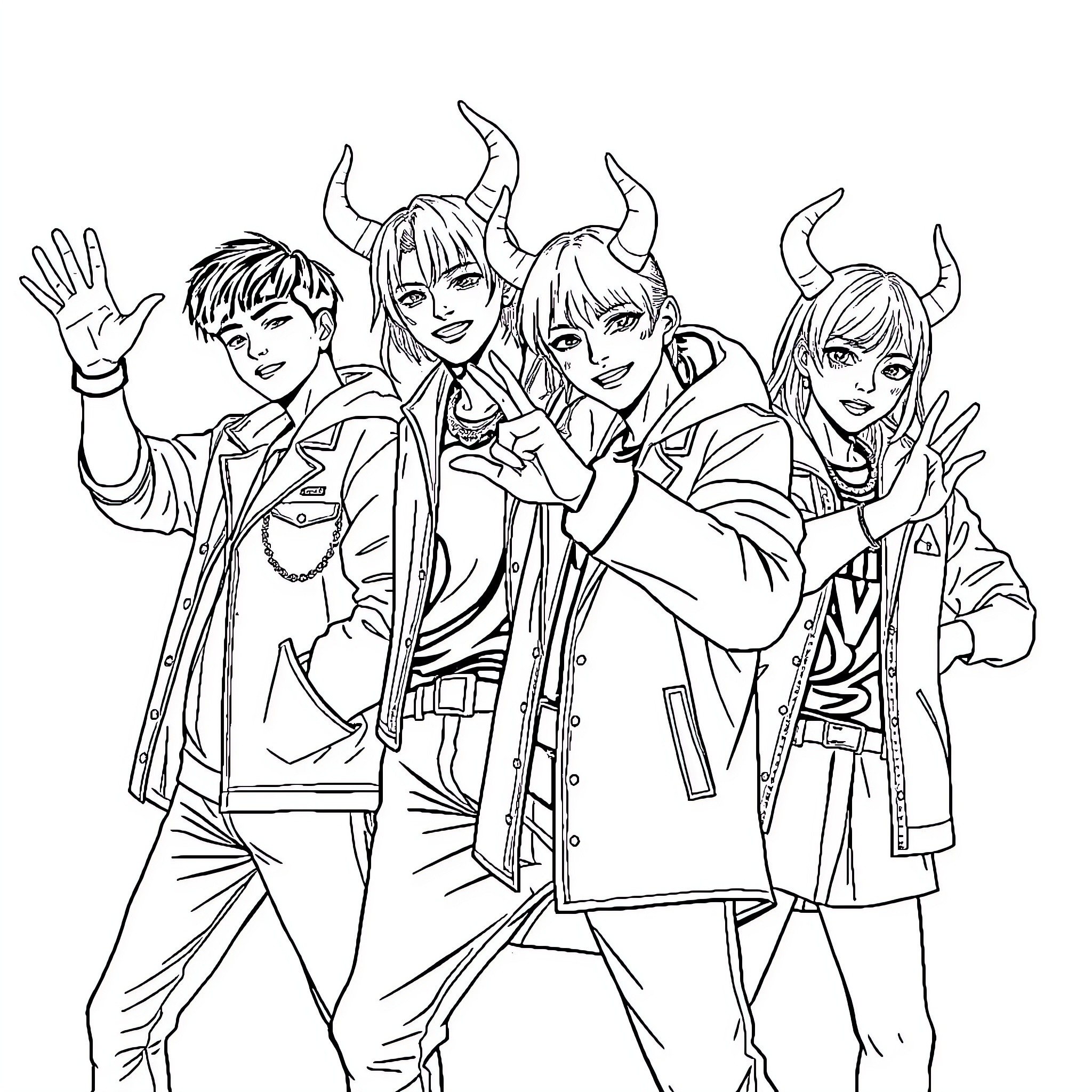 K Pop Group Posing Playfully in Vibrant Outfits Coloring Page (free black-and-white line drawing printable PDF for all, from beginners to advanced learners, including children, teens, adults, and seniors)