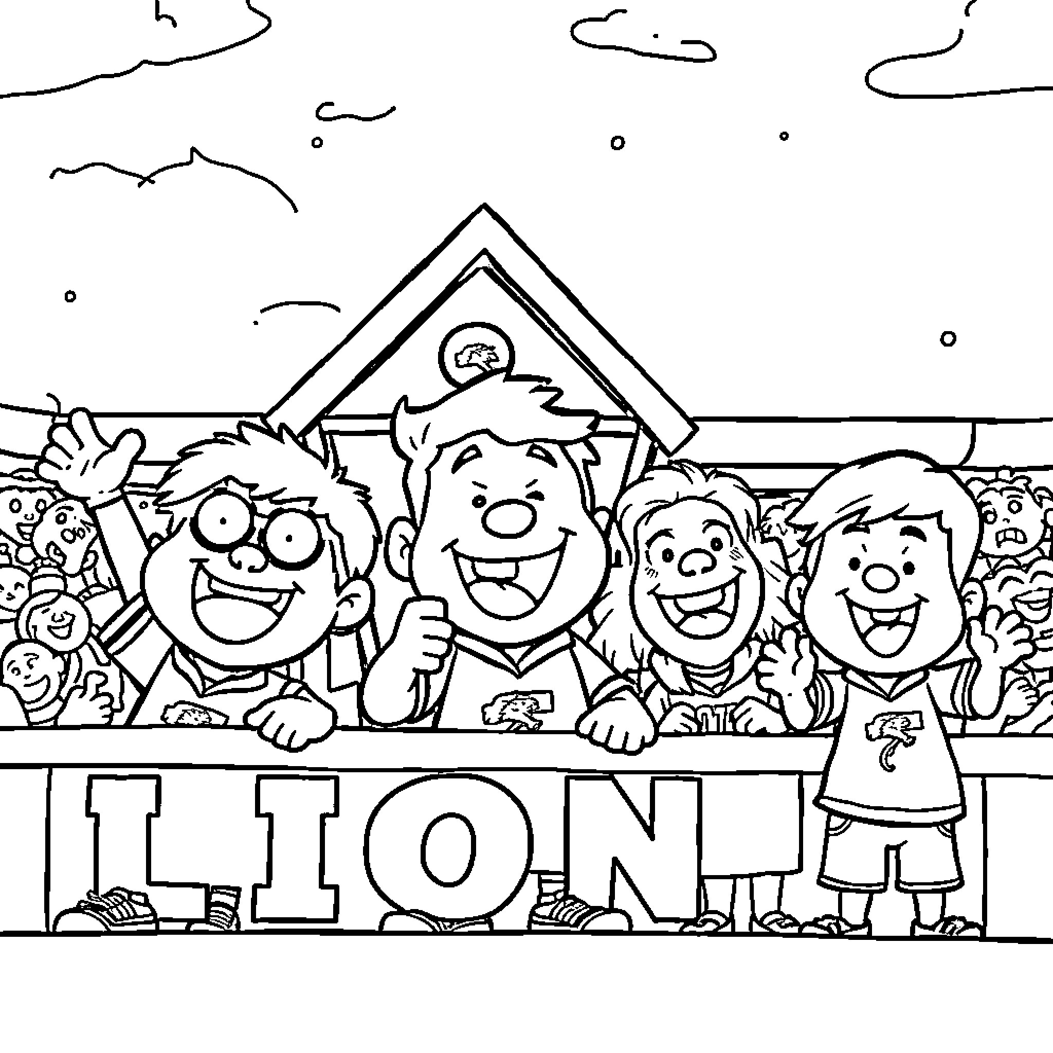 Lion family posing happily in front of sign Coloring Page (free black-and-white line drawing printable PDF for all, from beginners to advanced learners, including children, teens, adults, and seniors)