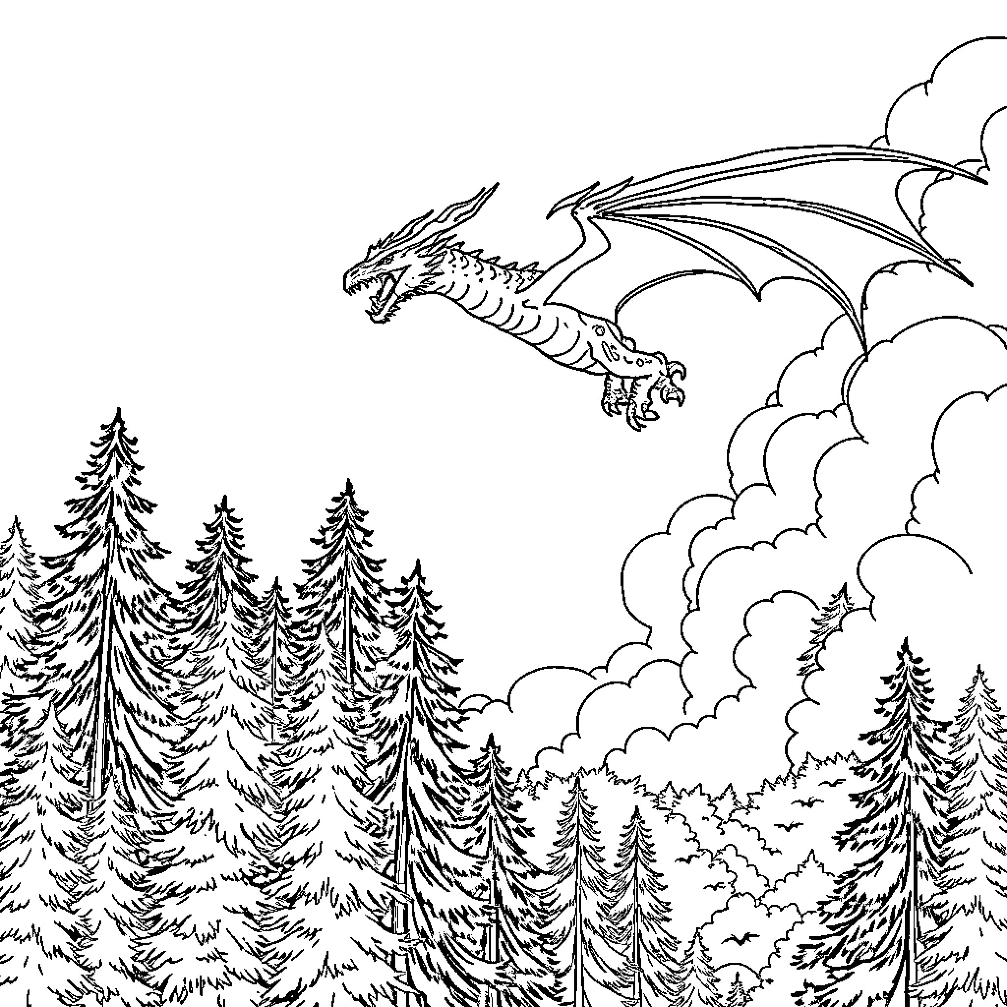 Dragon soaring through cloudy skies above forest Coloring Page (free black-and-white line drawing printable PDF for all, from beginners to advanced learners, including children, teens, adults, and seniors)