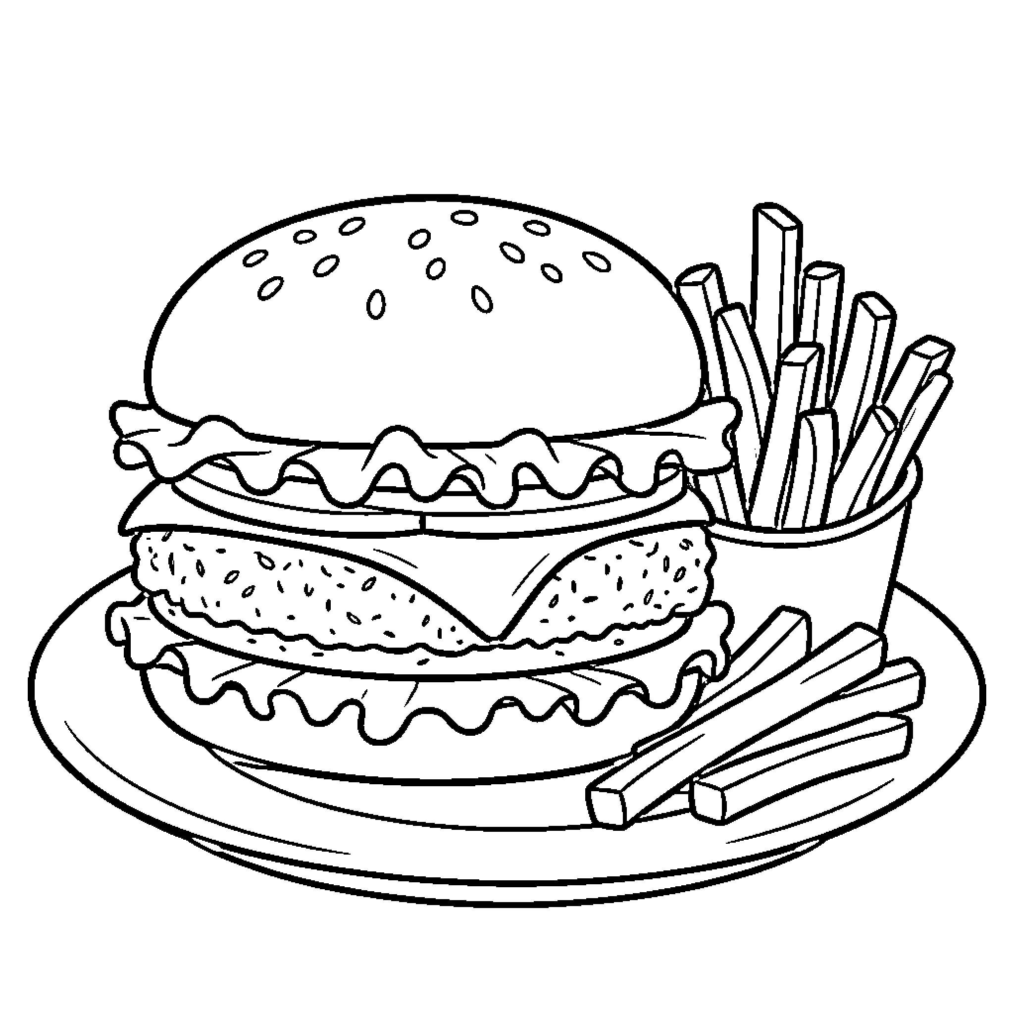 Food served as a burger and fries on a plate Coloring Page (free black-and-white line drawing printable PDF for all, from beginners to advanced learners, including children, teens, adults, and seniors)