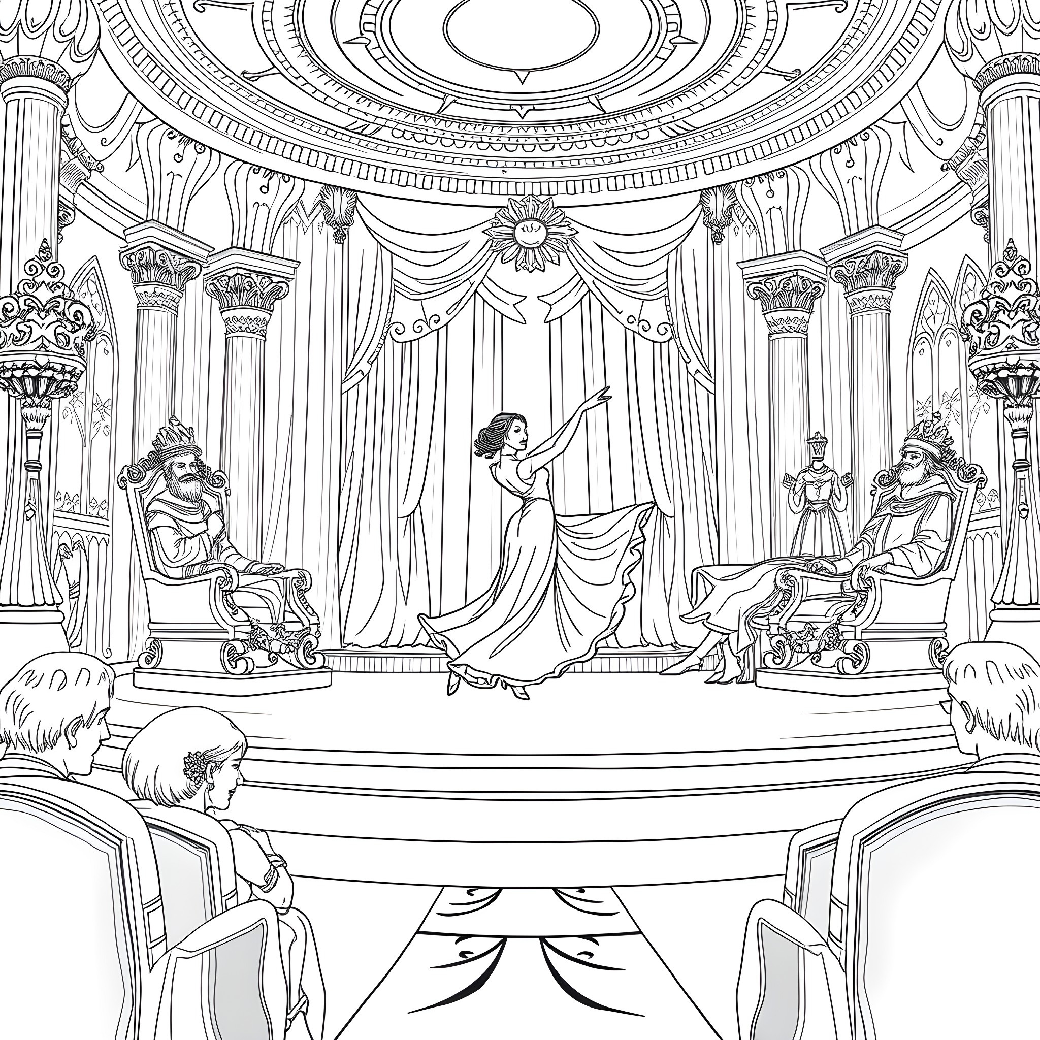 Dancer performing on a grand stage Coloring Page (free black-and-white line drawing printable PDF for all, from beginners to advanced learners, including children, teens, adults, and seniors)