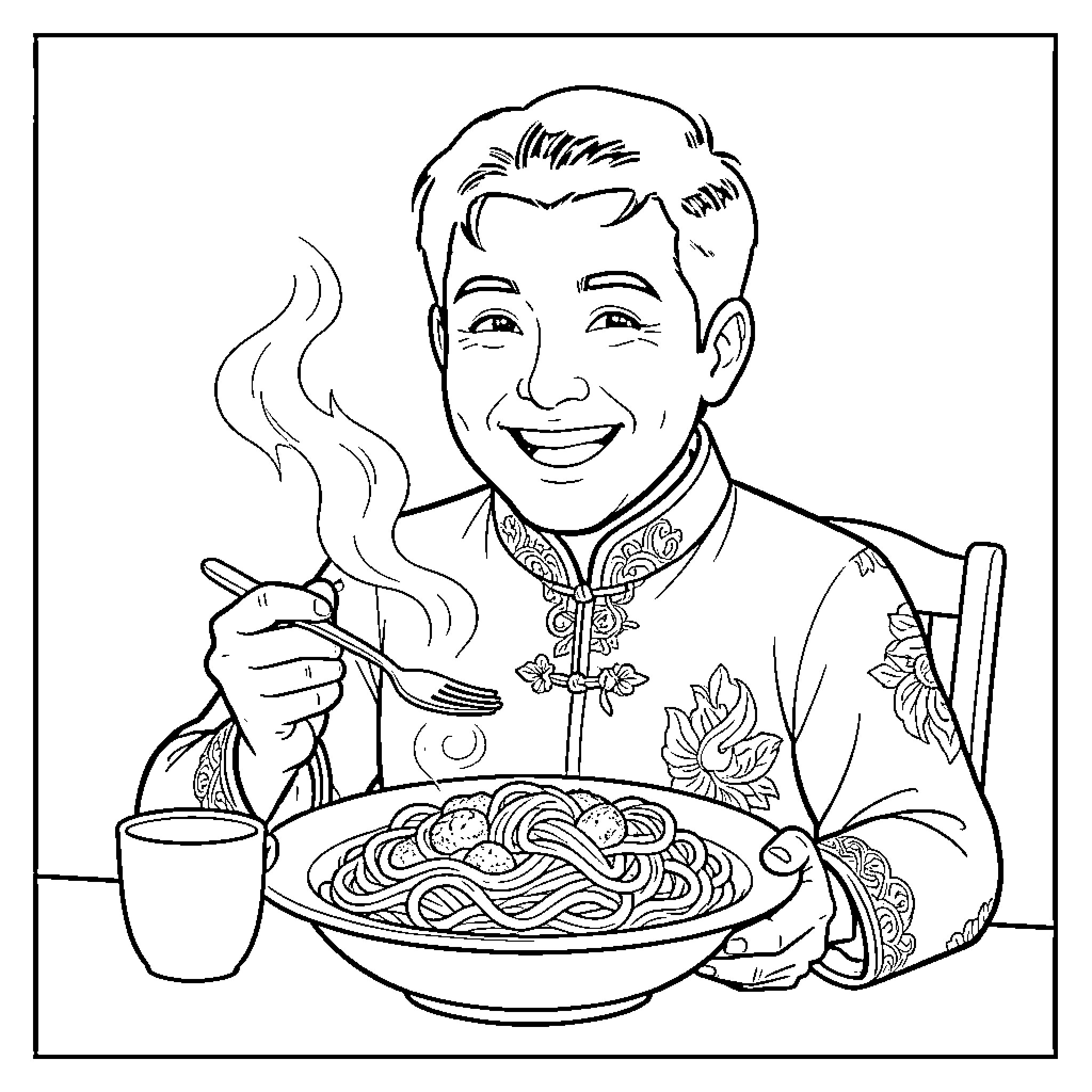 Habitante Enjoying Traditional Dish with Delight Coloring Page (free black-and-white line drawing printable PDF for all, from beginners to advanced learners, including children, teens, adults, and seniors)
