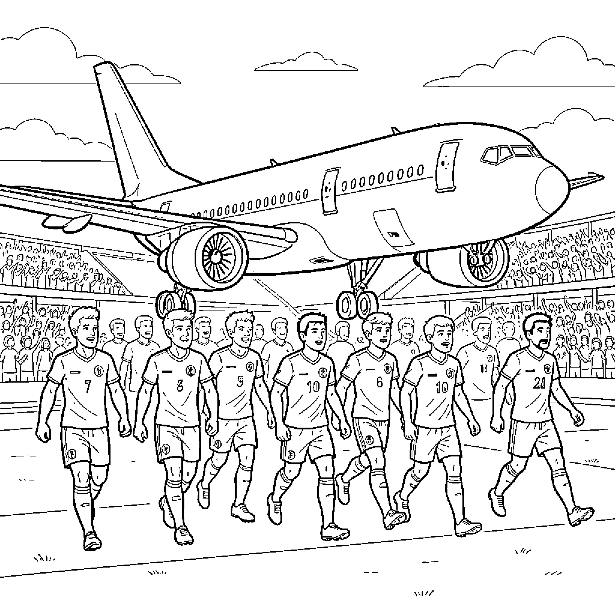 Soccer Team celebrating victory near a large airplane Coloring Page (free black-and-white line drawing printable PDF for all, from beginners to advanced learners, including children, teens, adults, and seniors)