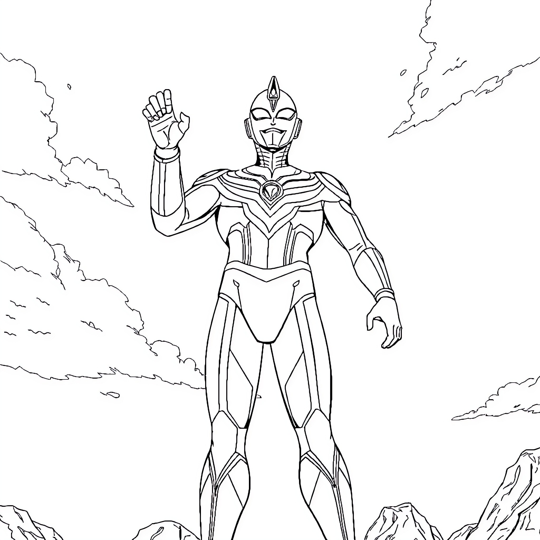 Ultraman heroically stands against threats Coloring Page (free black-and-white line drawing printable PDF for all, from beginners to advanced learners, including children, teens, adults, and seniors)
