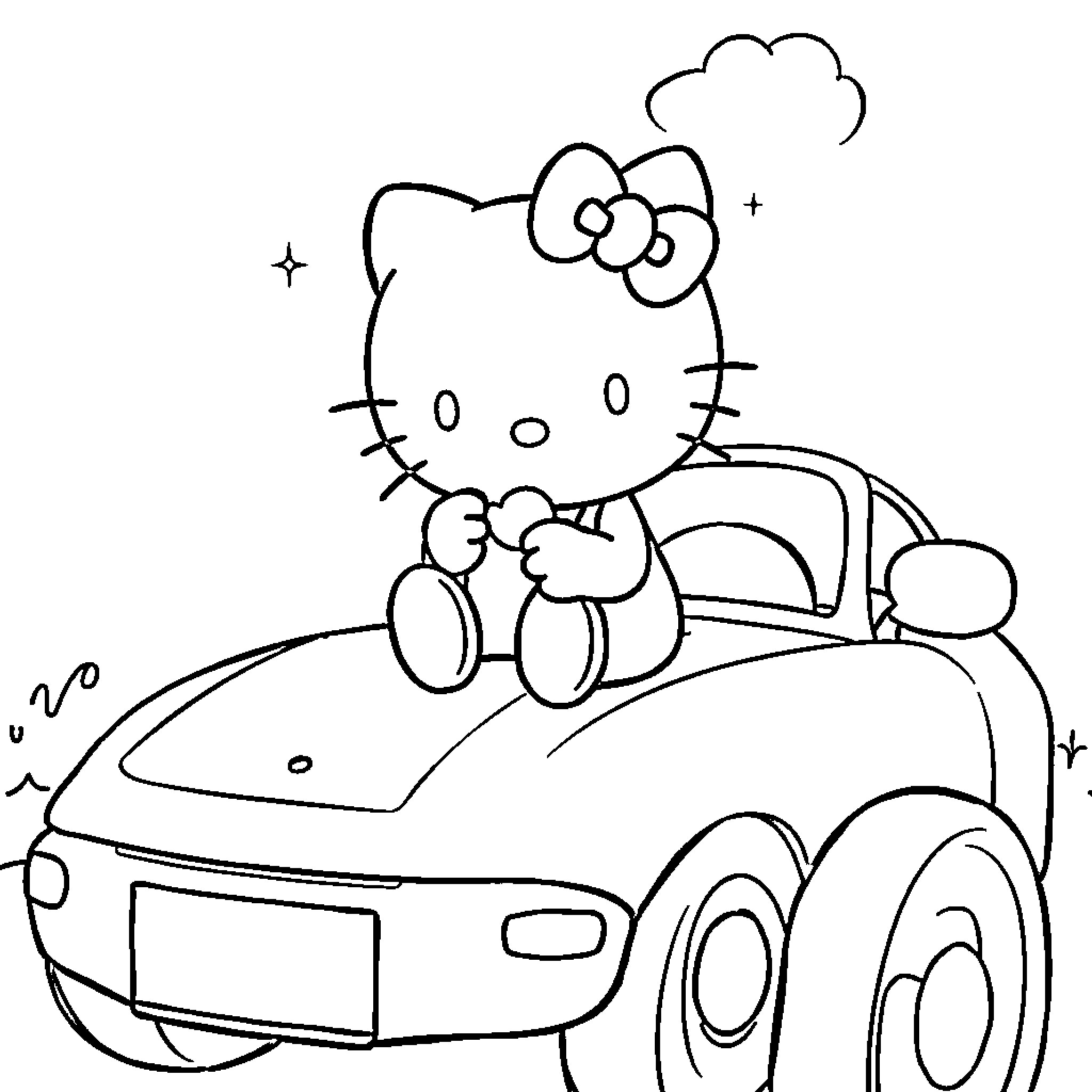 Hello Kitty driving a car with friends Coloring Page (free black-and-white line drawing printable PDF for all, from beginners to advanced learners, including children, teens, adults, and seniors)