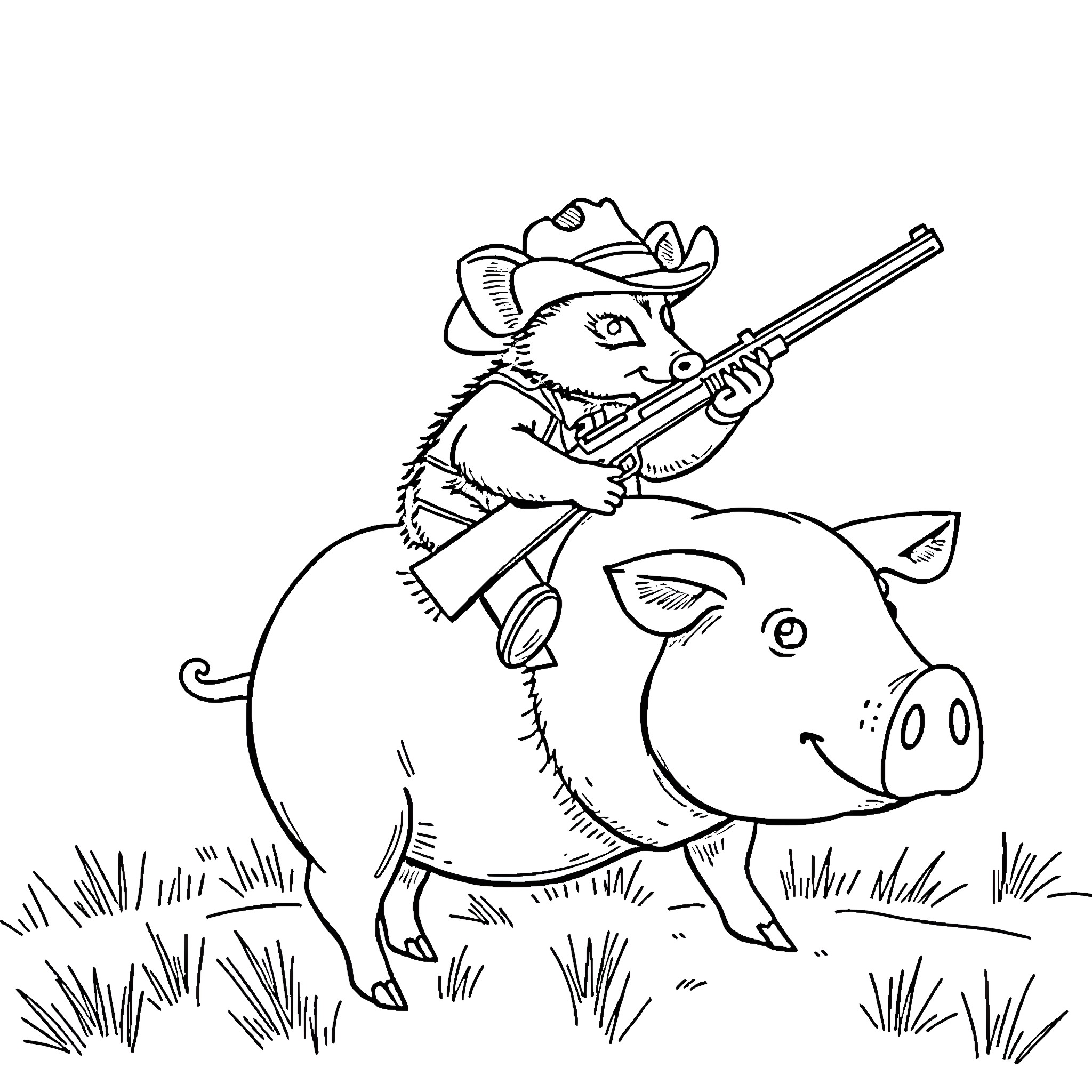 Opossum cowboy riding on a pig with a rifle Coloring Page (free black-and-white line drawing printable PDF for all, from beginners to advanced learners, including children, teens, adults, and seniors)