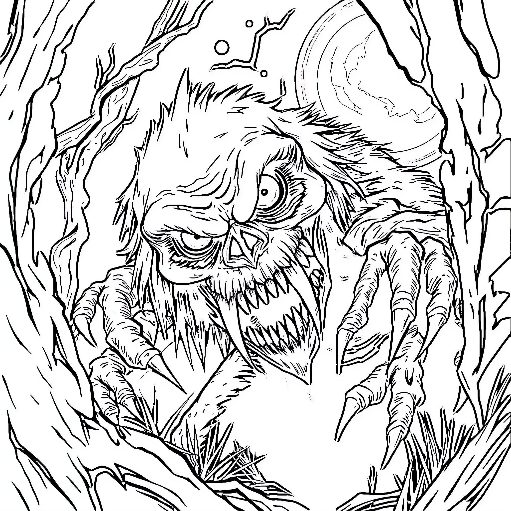 Monster emerging from the dark forest Coloring Page (free black-and-white line drawing printable PDF for all, from beginners to advanced learners, including children, teens, adults, and seniors)