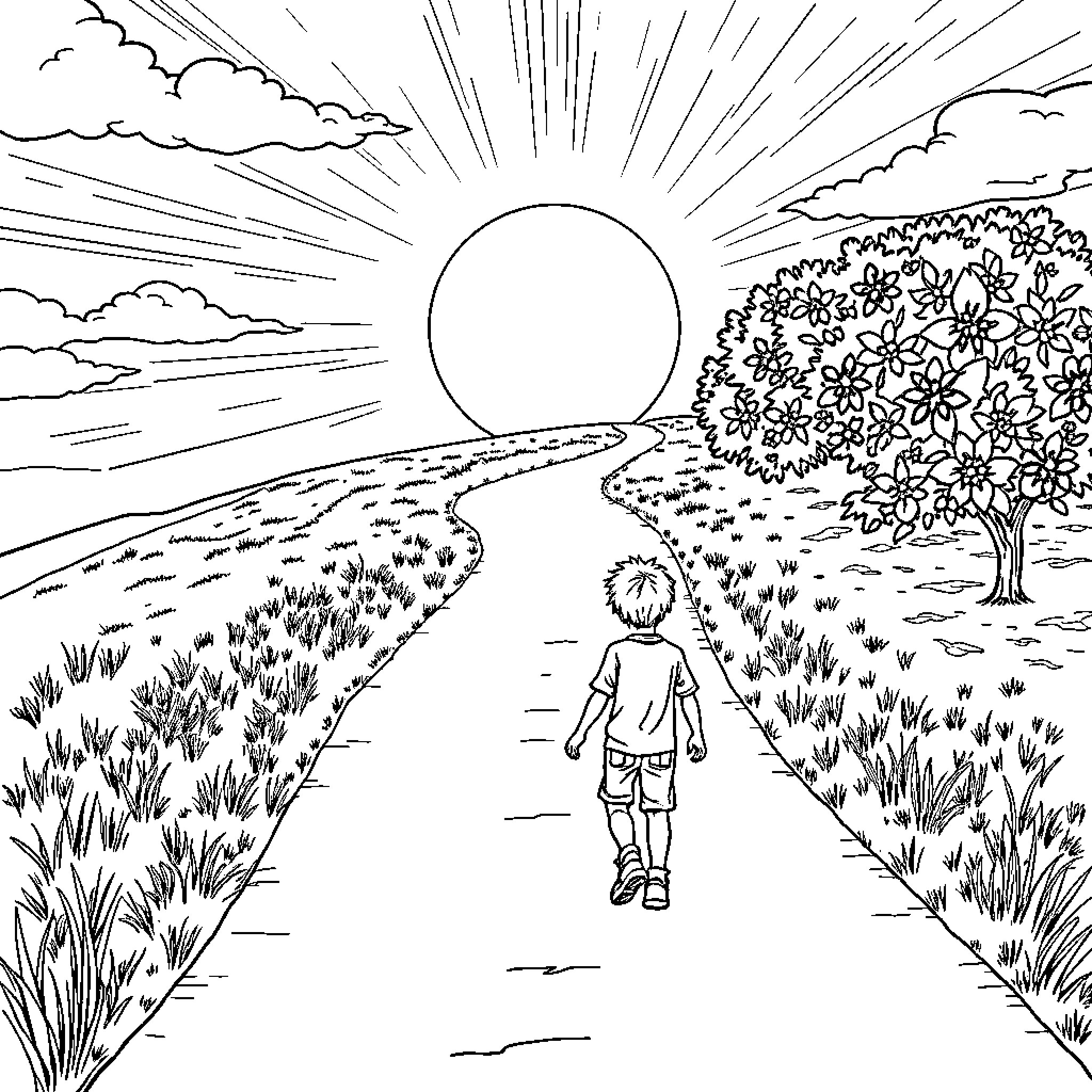 Boy exploring the natural landscape on a sunny day Coloring Page (free black-and-white line drawing printable PDF for all, from beginners to advanced learners, including children, teens, adults, and seniors)