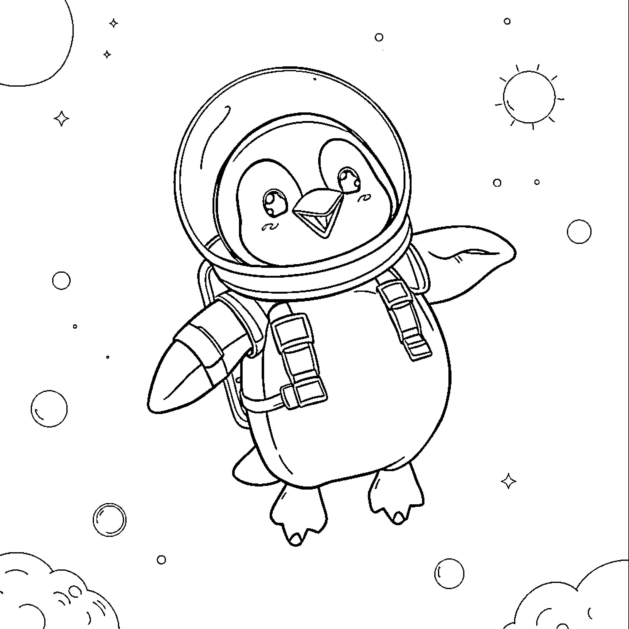 Penguin astronaut exploring in space Coloring Page (free black-and-white line drawing printable PDF for all, from beginners to advanced learners, including children, teens, adults, and seniors)