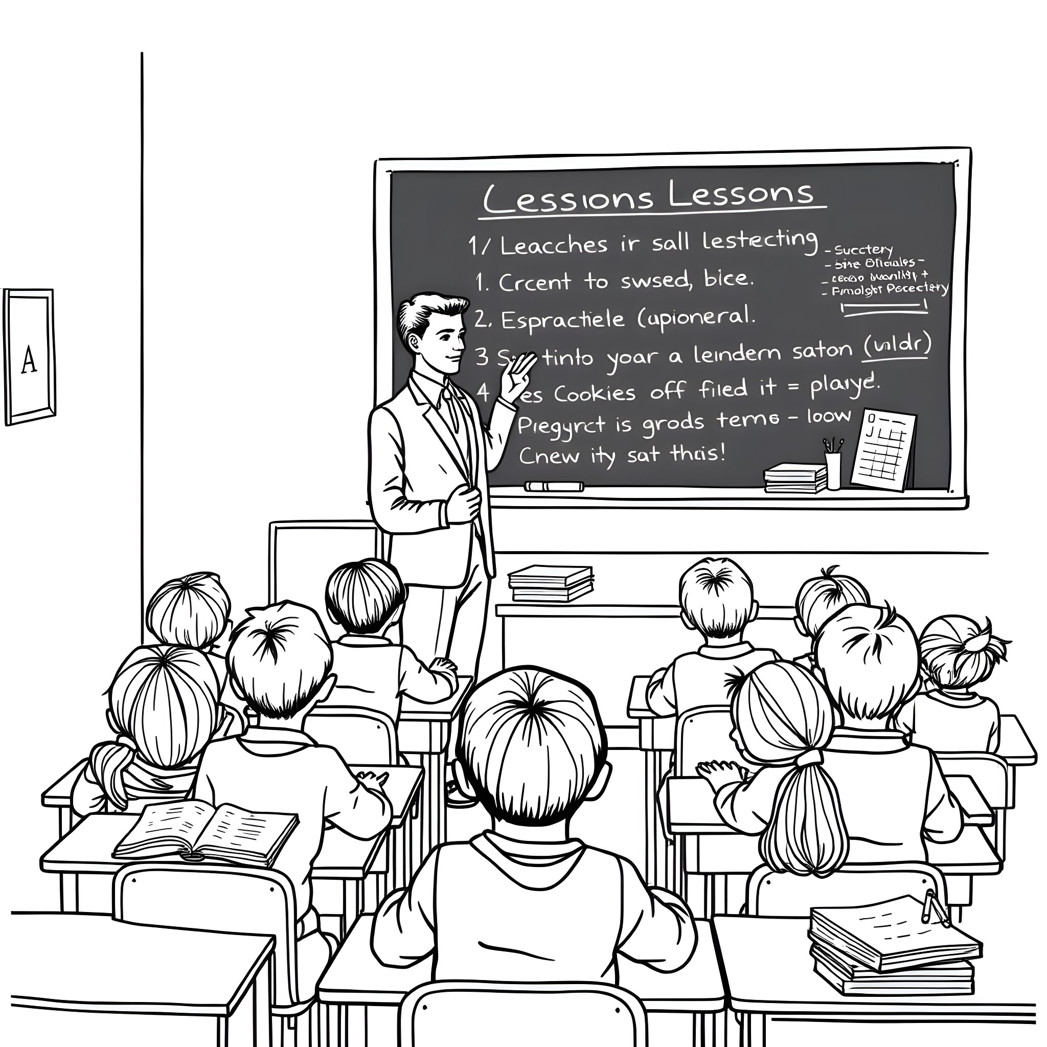 Teacher Giving Lesson to Students in Classroom Coloring Page (free black-and-white line drawing printable PDF for all, from beginners to advanced learners, including children, teens, adults, and seniors)
