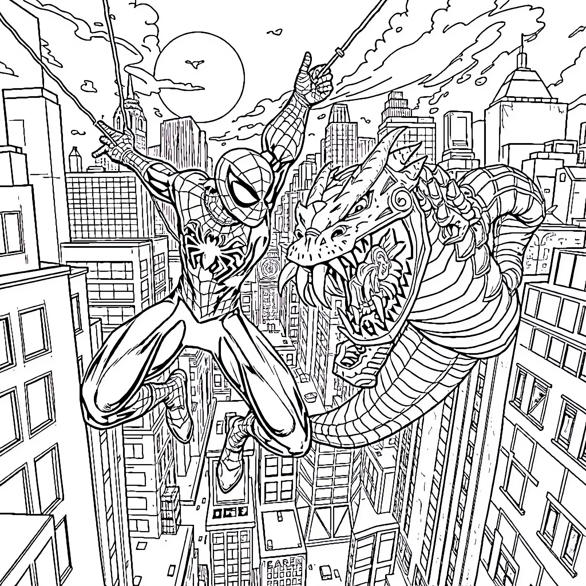Spiderman swinging through the city against a monstrous foe Coloring Page (free black-and-white line drawing printable PDF for all, from beginners to advanced learners, including children, teens, adults, and seniors)