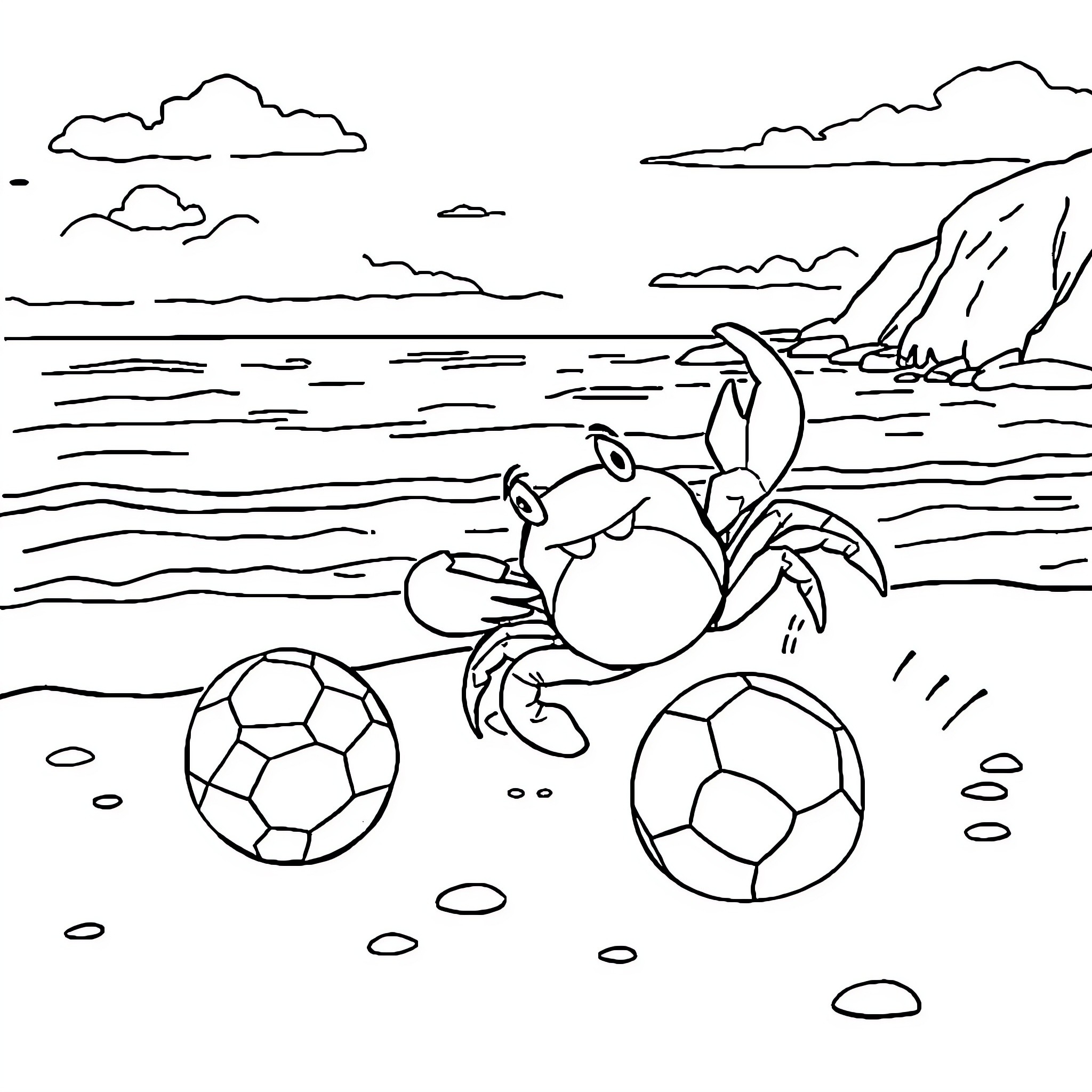 Crab playing with soccer balls by the shore Coloring Page (free black-and-white line drawing printable PDF for all, from beginners to advanced learners, including children, teens, adults, and seniors)