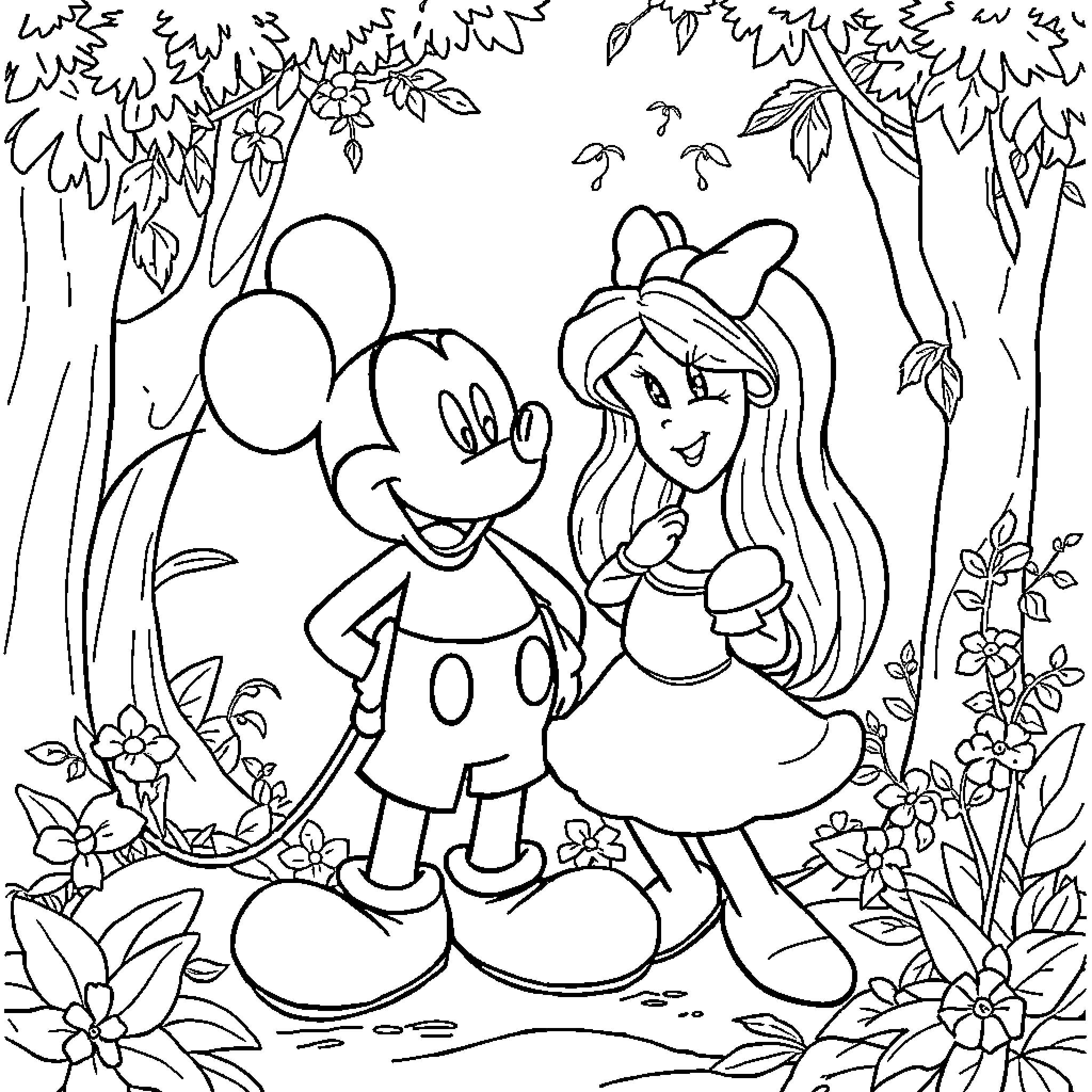 Disney Characters Exploring the Enchanted Forest Coloring Page (free black-and-white line drawing printable PDF for all, from beginners to advanced learners, including children, teens, adults, and seniors)