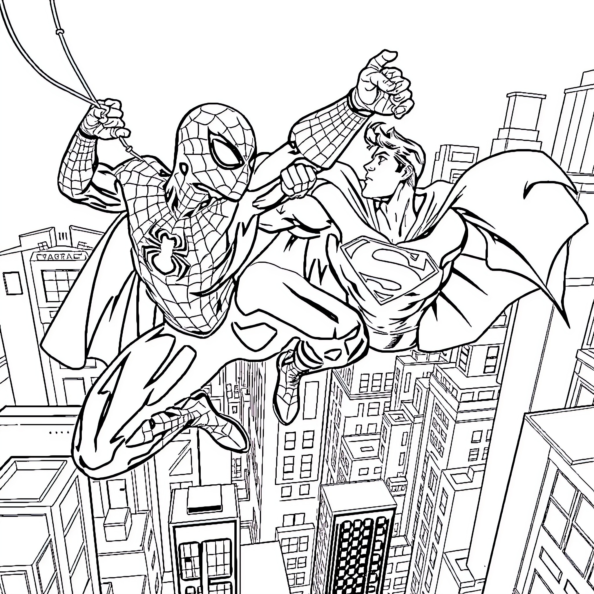 Spiderman swinging through the city with Superman Coloring Page (free black-and-white line drawing printable PDF for all, from beginners to advanced learners, including children, teens, adults, and seniors)
