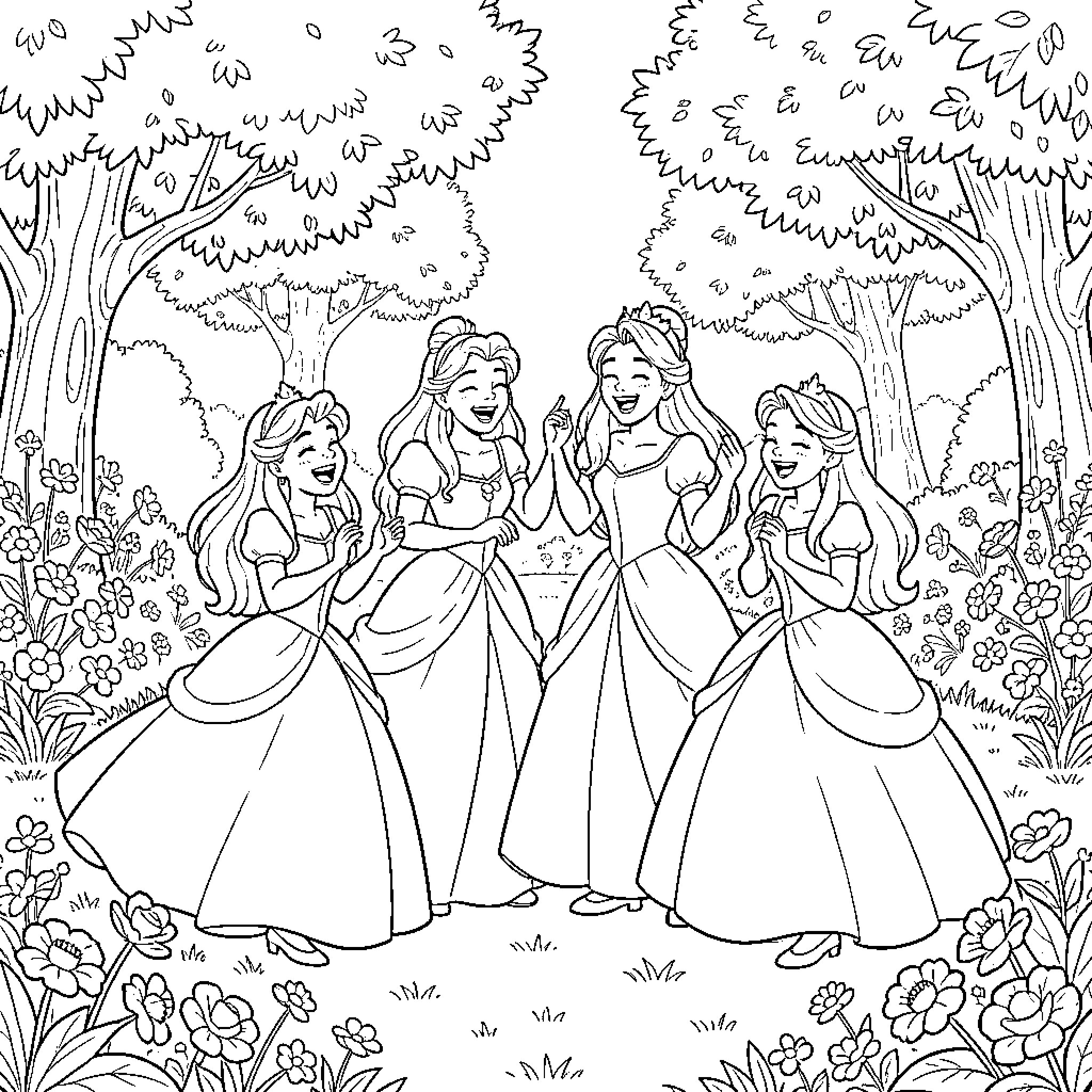 Disney Princesses dancing joyfully in a flower garden Coloring Page (free black-and-white line drawing printable PDF for all, from beginners to advanced learners, including children, teens, adults, and seniors)