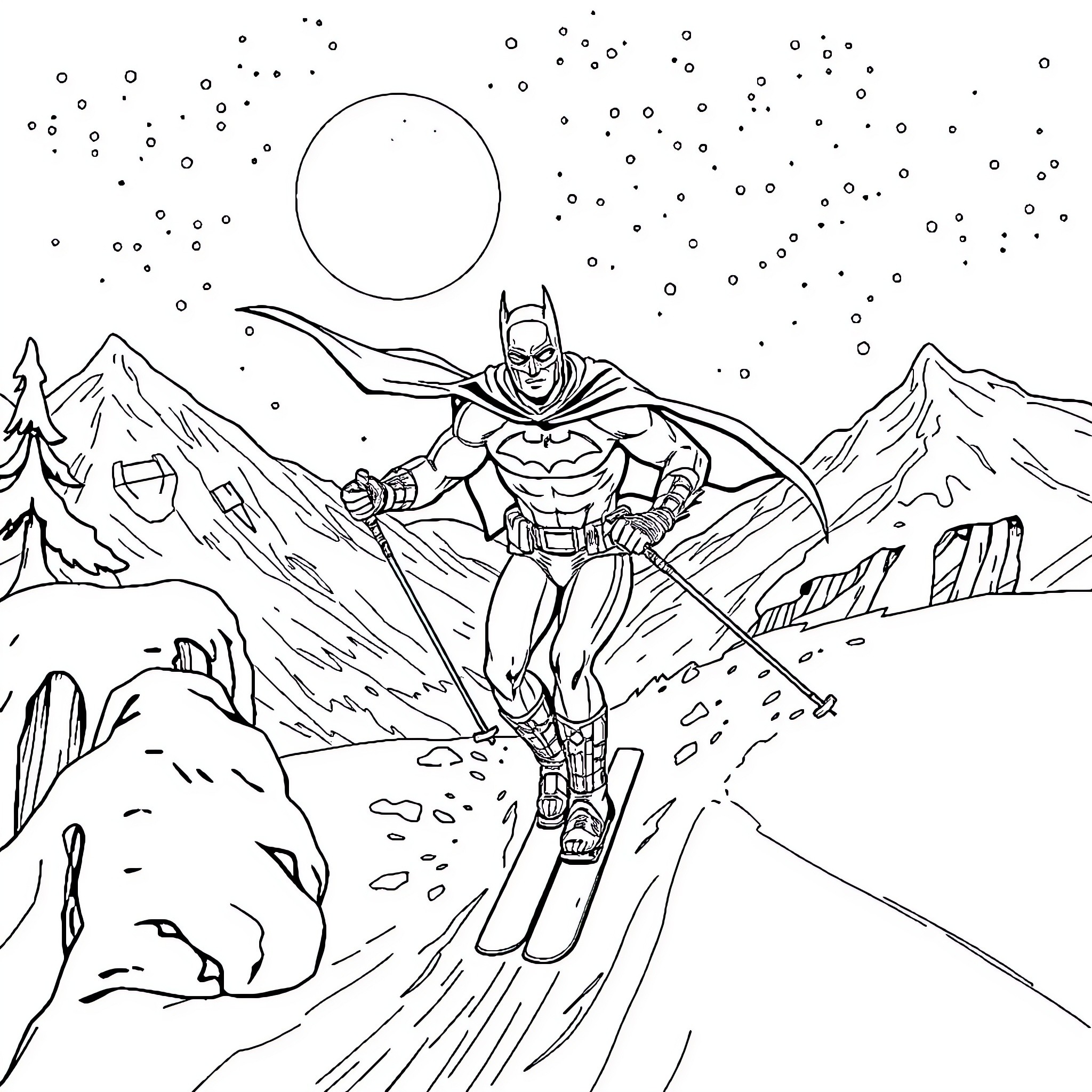 Batman heroically traversing a snowy mountain landscape Coloring Page (free black-and-white line drawing printable PDF for all, from beginners to advanced learners, including children, teens, adults, and seniors)