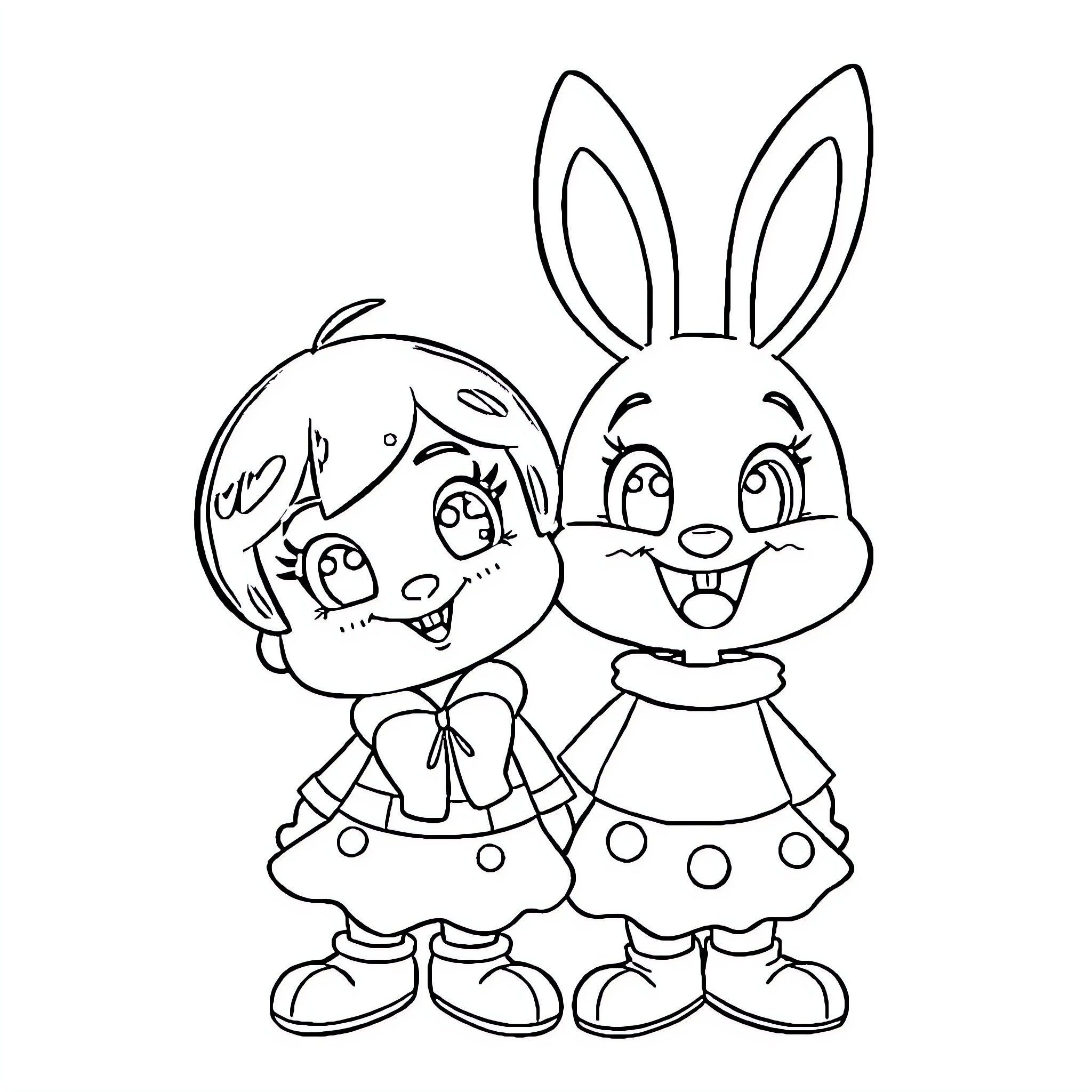 Chiku Bunty playing with cheerful friend Coloring Page (free black-and-white line drawing printable PDF for all, from beginners to advanced learners, including children, teens, adults, and seniors)
