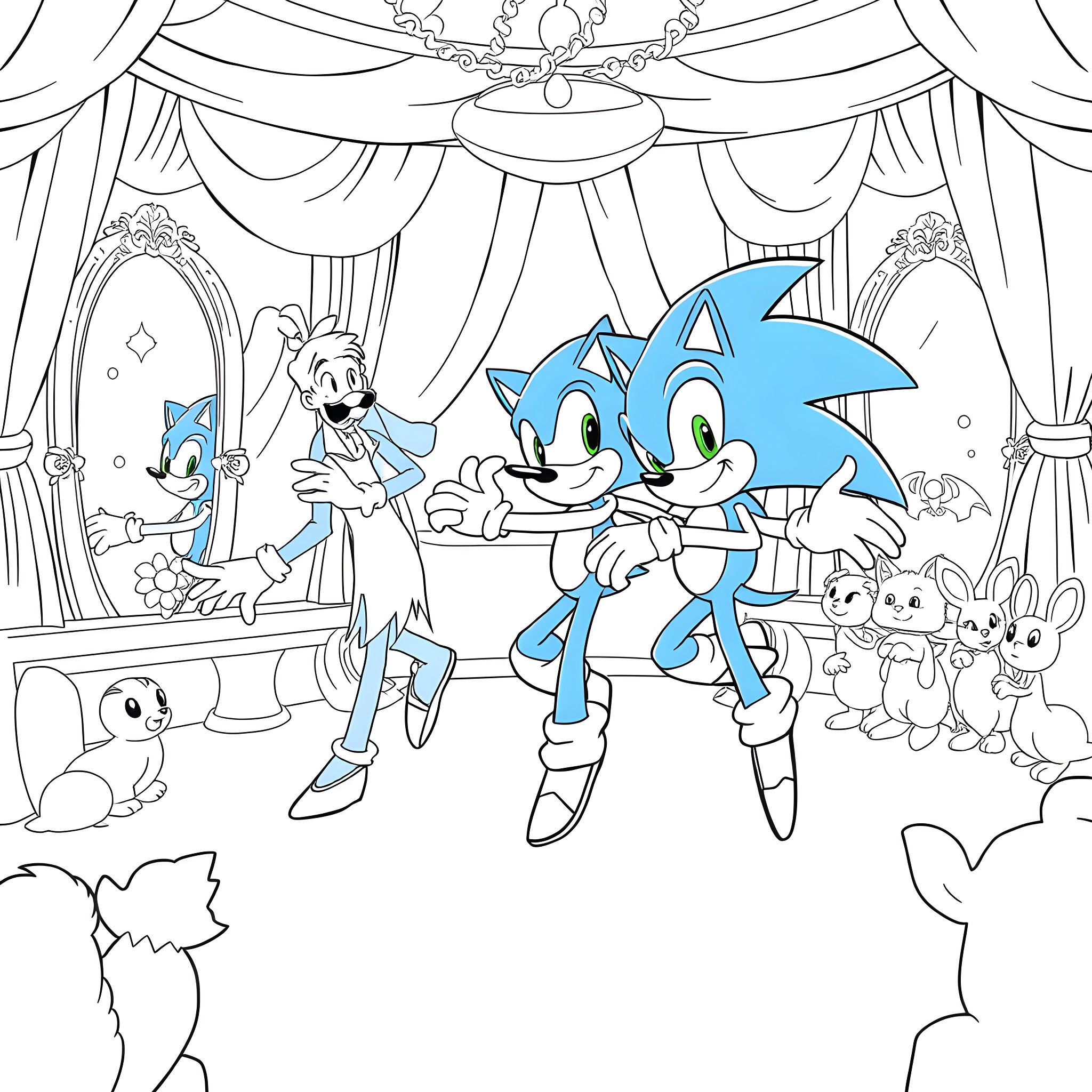 Bluey and Friends Enjoying a Lively Stage Performance Coloring Page (free black-and-white line drawing printable PDF for all, from beginners to advanced learners, including children, teens, adults, and seniors)