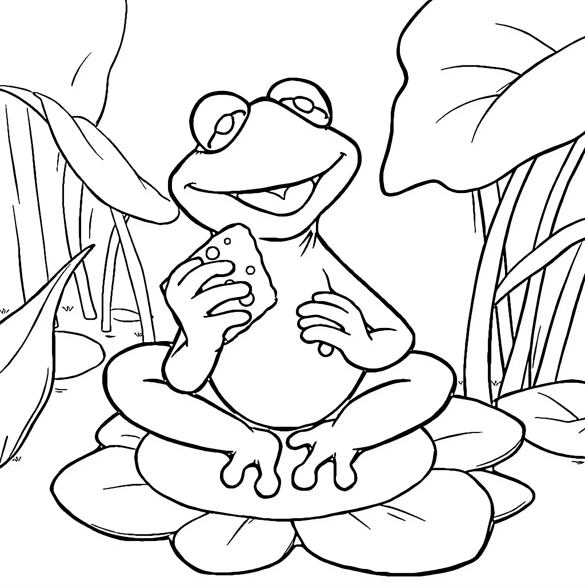 Kermit the Frog relaxing on a lily pad Coloring Page (free black-and-white line drawing printable PDF for all, from beginners to advanced learners, including children, teens, adults, and seniors)