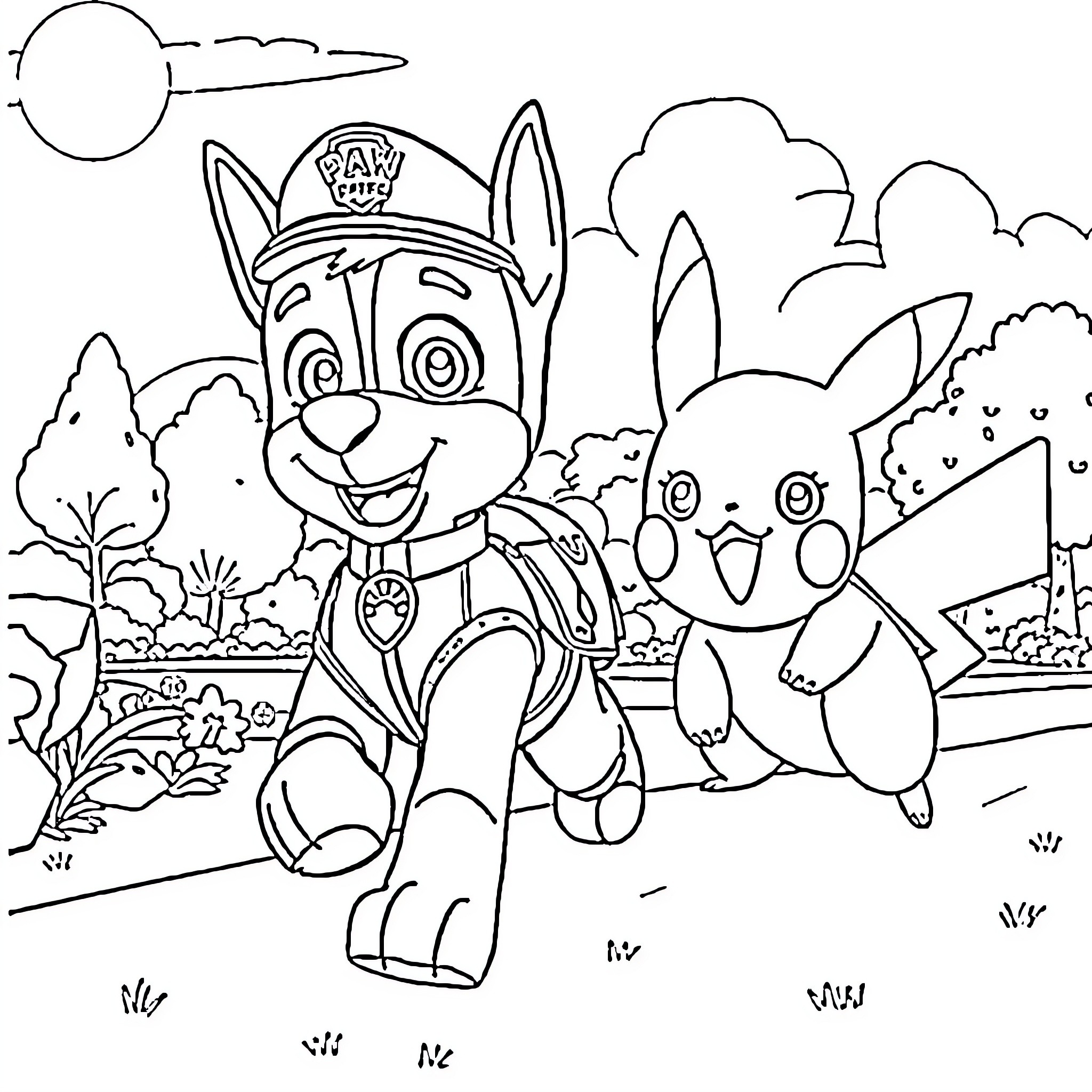 Chase through the Wilderness with Paw Patrol Friends Coloring Page (free black-and-white line drawing printable PDF for all, from beginners to advanced learners, including children, teens, adults, and seniors)