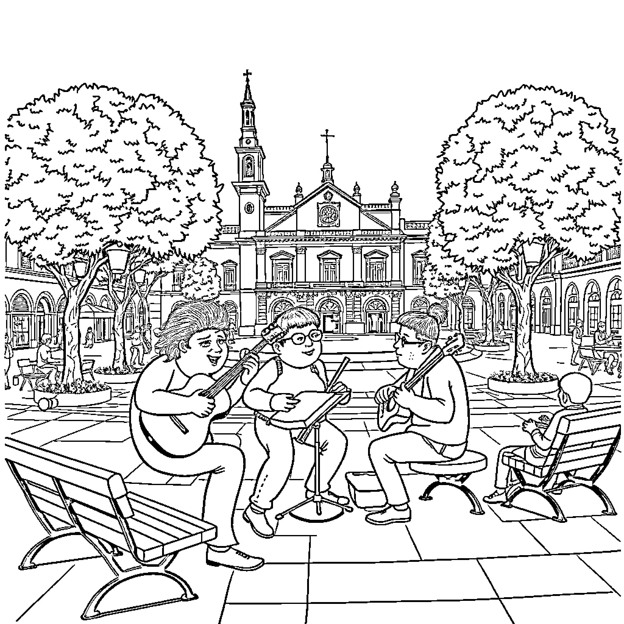 Smurf musicians entertaining visitors in town square Coloring Page (free black-and-white line drawing printable PDF for all, from beginners to advanced learners, including children, teens, adults, and seniors)