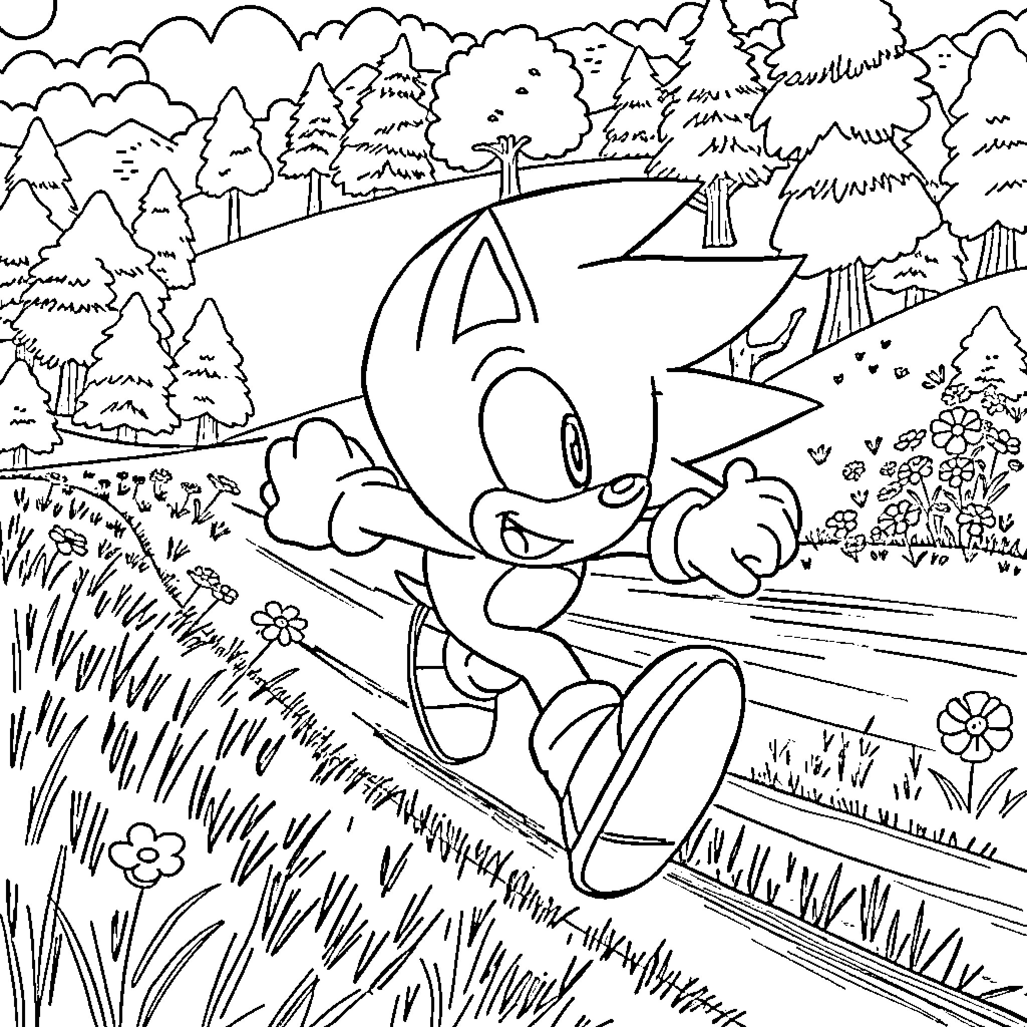 Sonic running joyfully through a lush natural scene Coloring Page (free black-and-white line drawing printable PDF for all, from beginners to advanced learners, including children, teens, adults, and seniors)