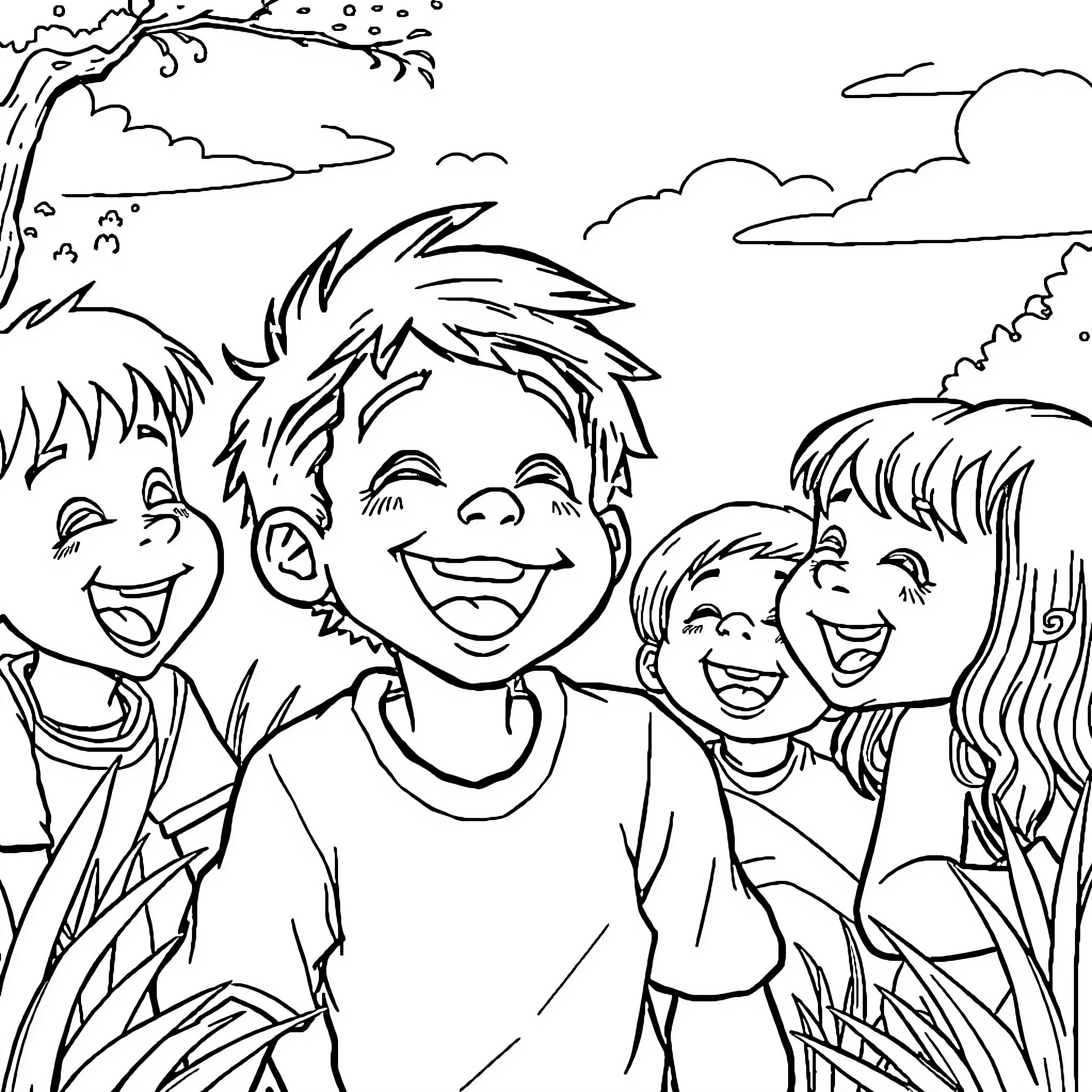 Boy and friends laughing in the park Coloring Page (free black-and-white line drawing printable PDF for all, from beginners to advanced learners, including children, teens, adults, and seniors)