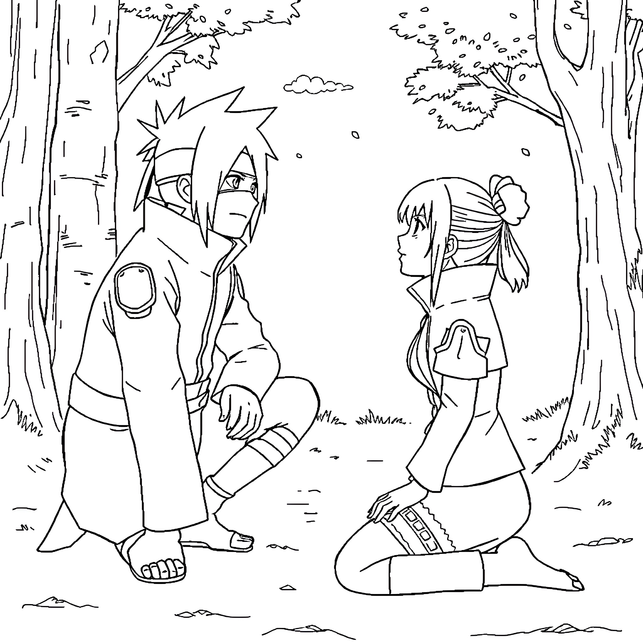Sakura Characters in Thoughtful Conversation Coloring Page (free black-and-white line drawing printable PDF for all, from beginners to advanced learners, including children, teens, adults, and seniors)