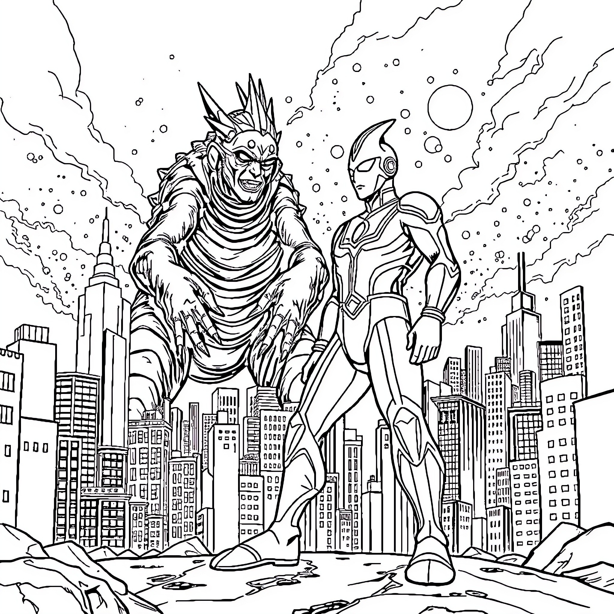 Ultraman battling a giant monster over the city Coloring Page (free black-and-white line drawing printable PDF for all, from beginners to advanced learners, including children, teens, adults, and seniors)