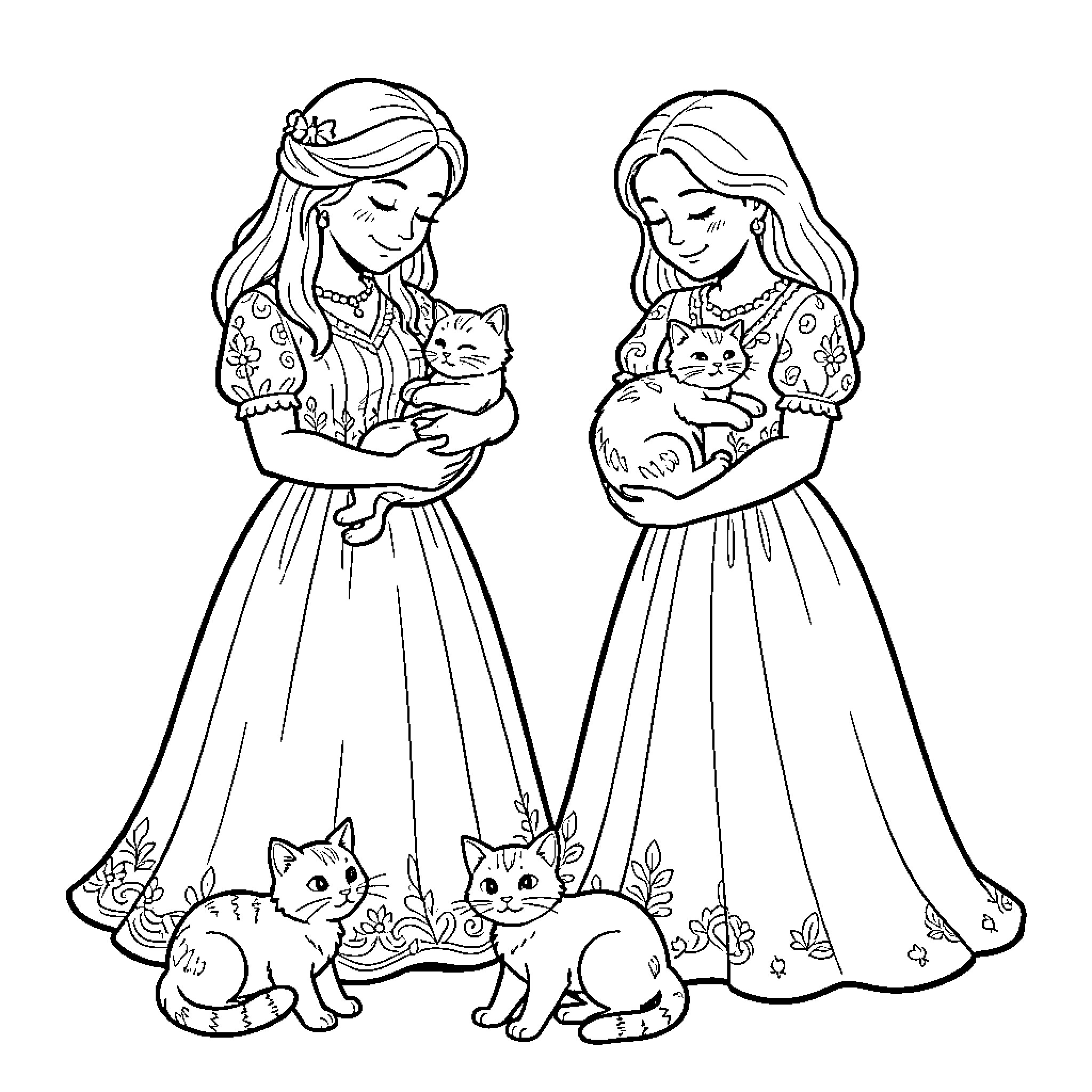 Mom and daughter holding cute kittens in long dresses Coloring Page (free black-and-white line drawing printable PDF for all, from beginners to advanced learners, including children, teens, adults, and seniors)