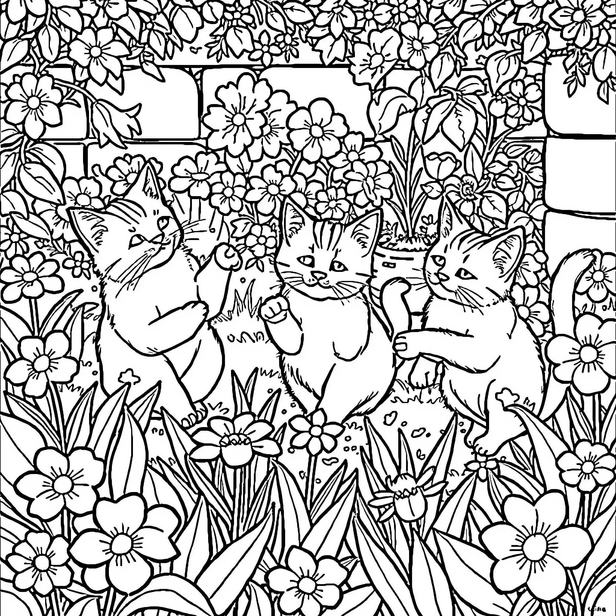 Cats Playing Amidst Flowering Plants Coloring Page (free black-and-white line drawing printable PDF for all, from beginners to advanced learners, including children, teens, adults, and seniors)
