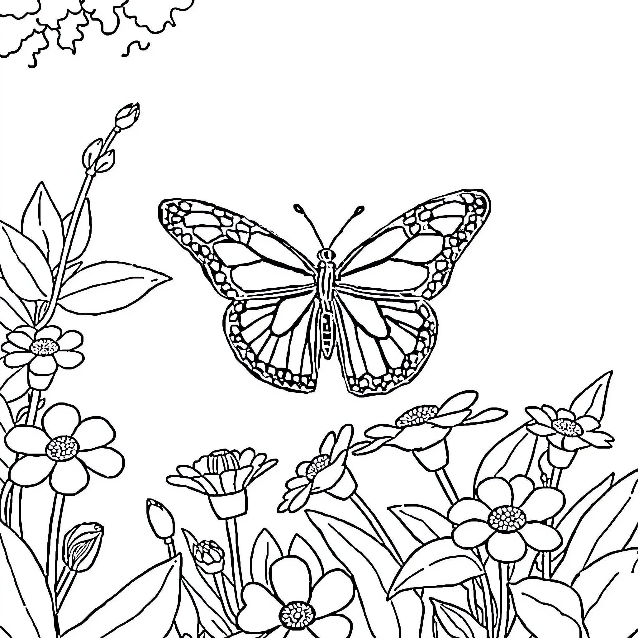 Butterfly in a Floral Garden Coloring Page (free black-and-white line drawing printable PDF for all, from beginners to advanced learners, including children, teens, adults, and seniors)