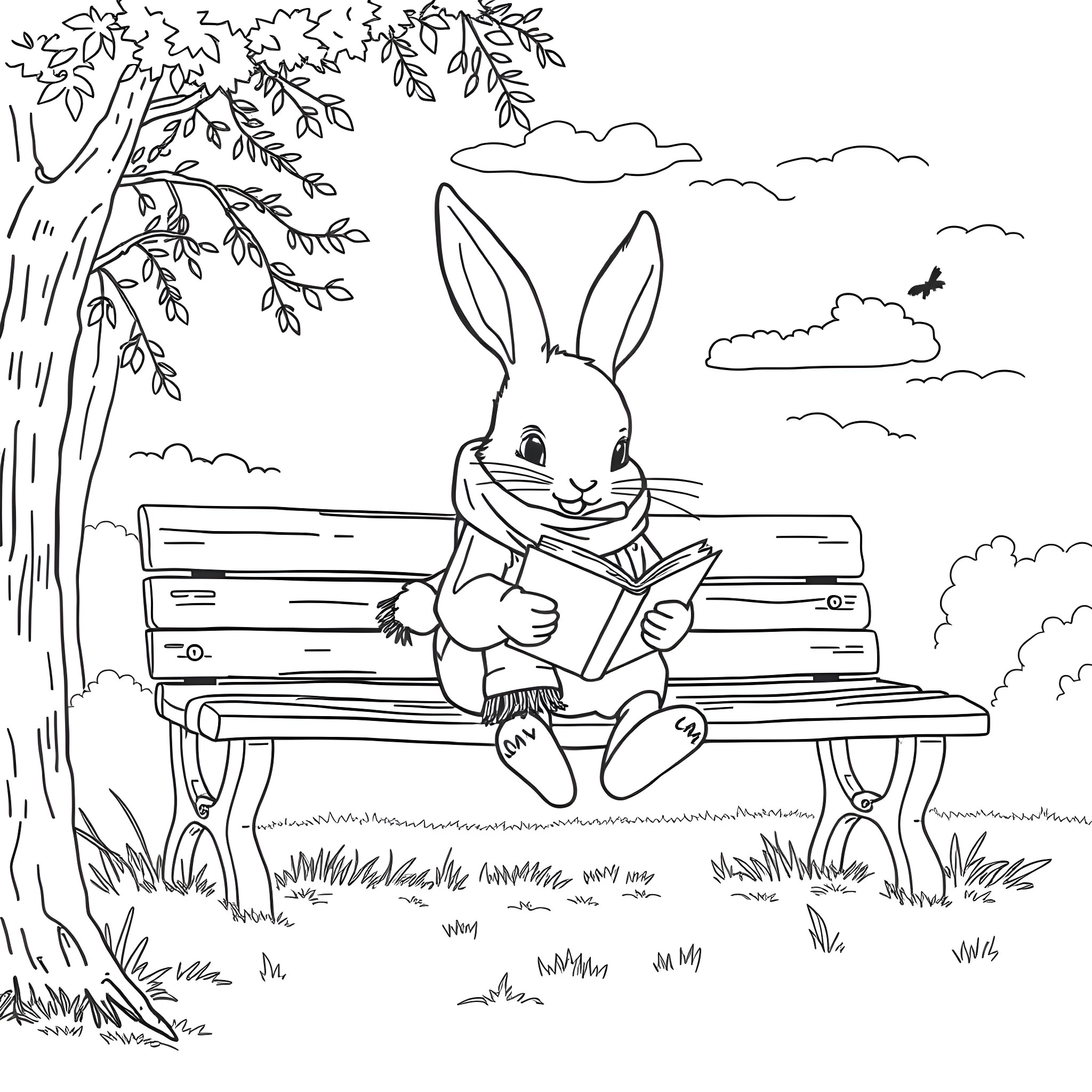 Bunny reading a book on a park bench Coloring Page (free black-and-white line drawing printable PDF for all, from beginners to advanced learners, including children, teens, adults, and seniors)