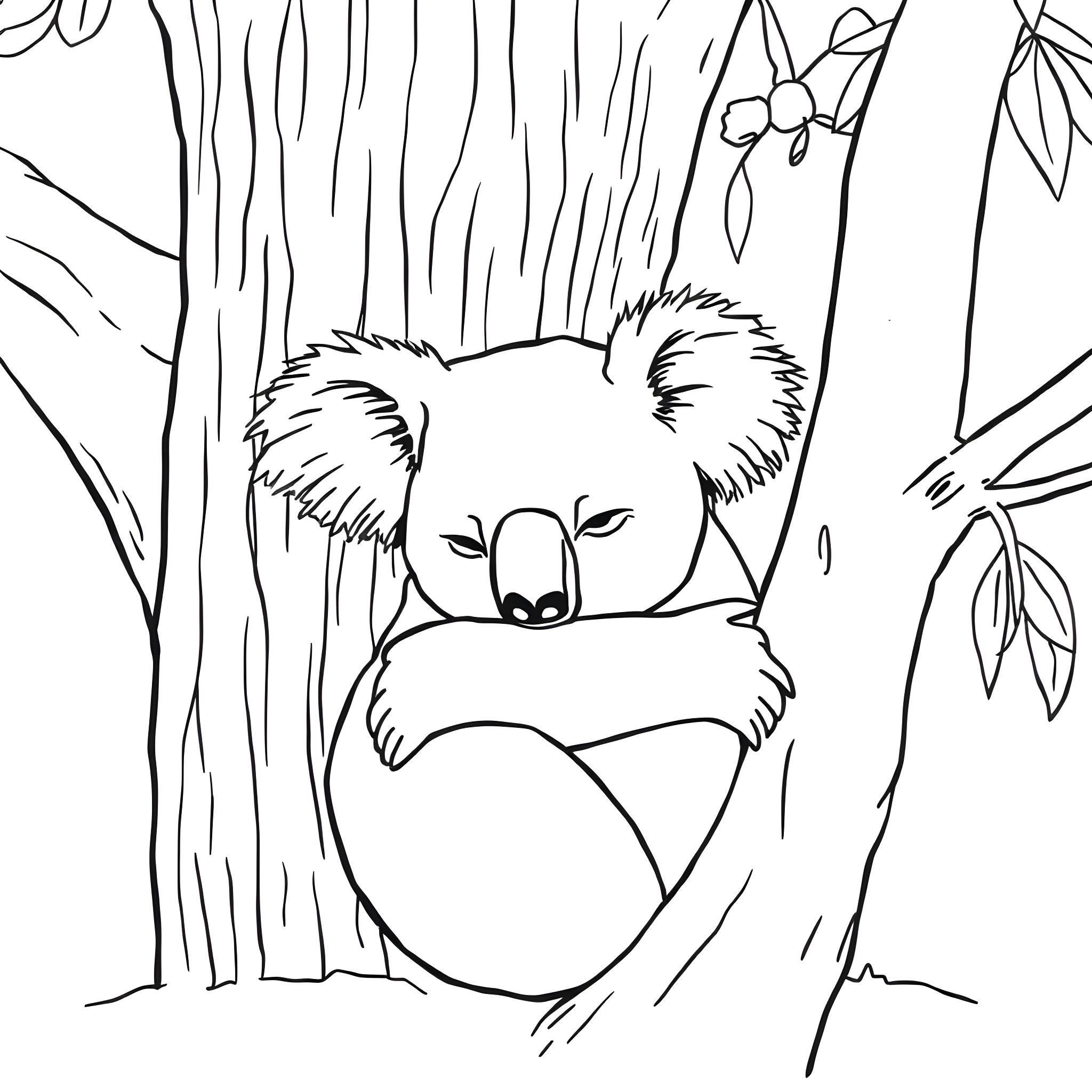 Koala sleeping peacefully in the forest Coloring Page (free black-and-white line drawing printable PDF for all, from beginners to advanced learners, including children, teens, adults, and seniors)