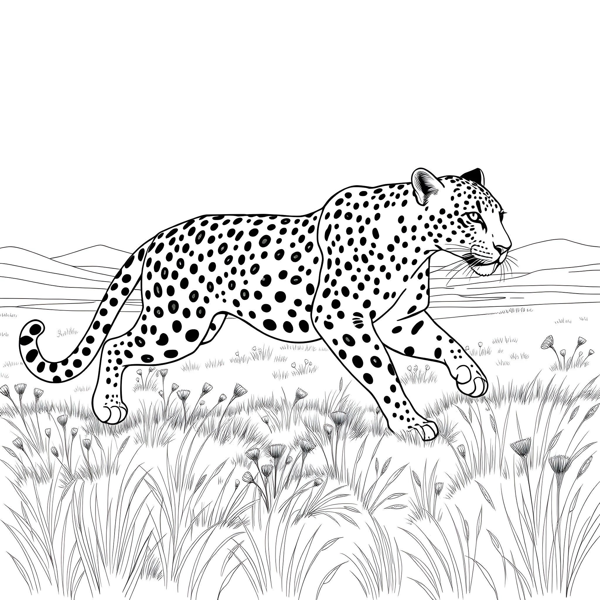 Leopard prowling through the grasslands Coloring Page (free black-and-white line drawing printable PDF for all, from beginners to advanced learners, including children, teens, adults, and seniors)