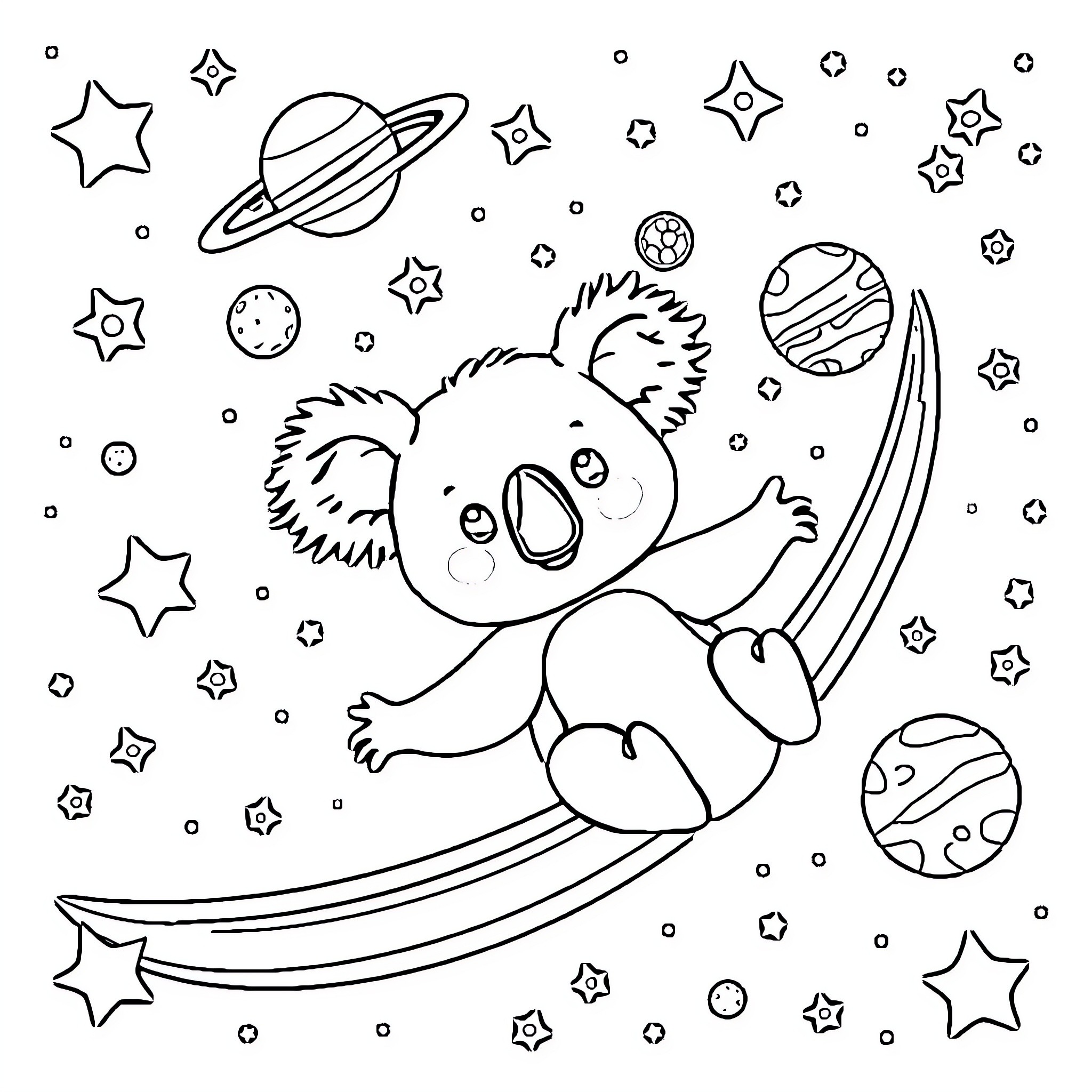 Koala soaring through the starry night sky Coloring Page (free black-and-white line drawing printable PDF for all, from beginners to advanced learners, including children, teens, adults, and seniors)