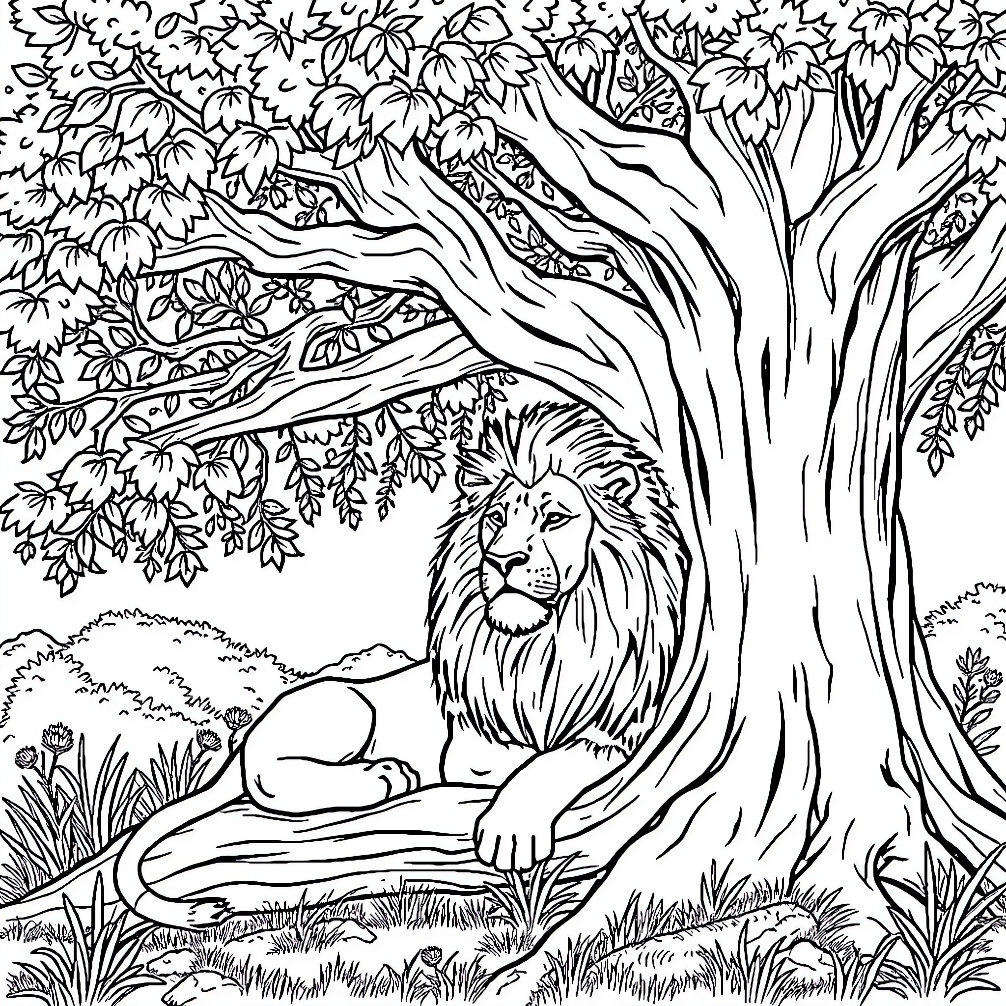 Lion resting under a large tree in the forest Coloring Page (free black-and-white line drawing printable PDF for all, from beginners to advanced learners, including children, teens, adults, and seniors)